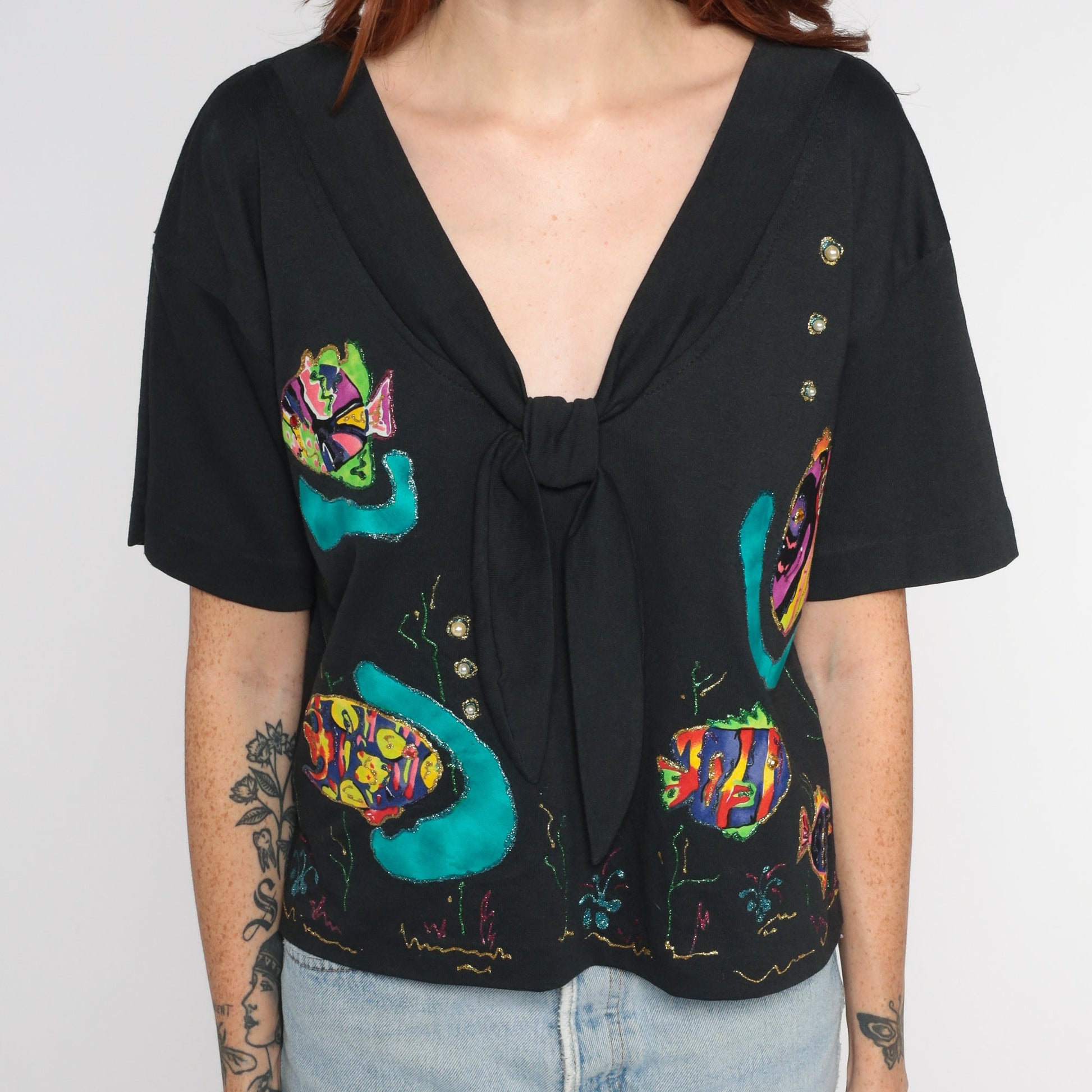 90s Black Tropical Fish Ascot Blouse Glitter Pearls Short Sleeve Large L
