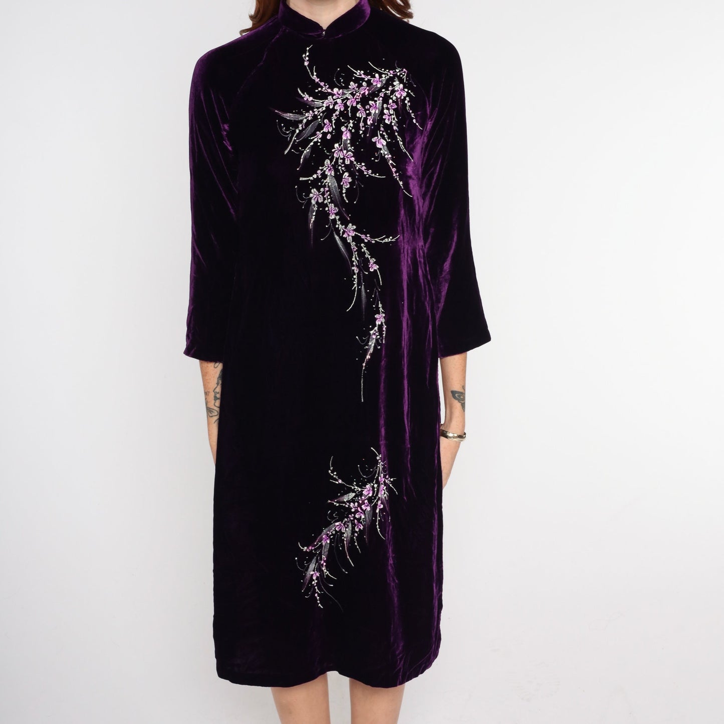 90s Dark Purple Velvet Ao Dai Midi Dress Cherry Blossom Print High Slit Extra Small
