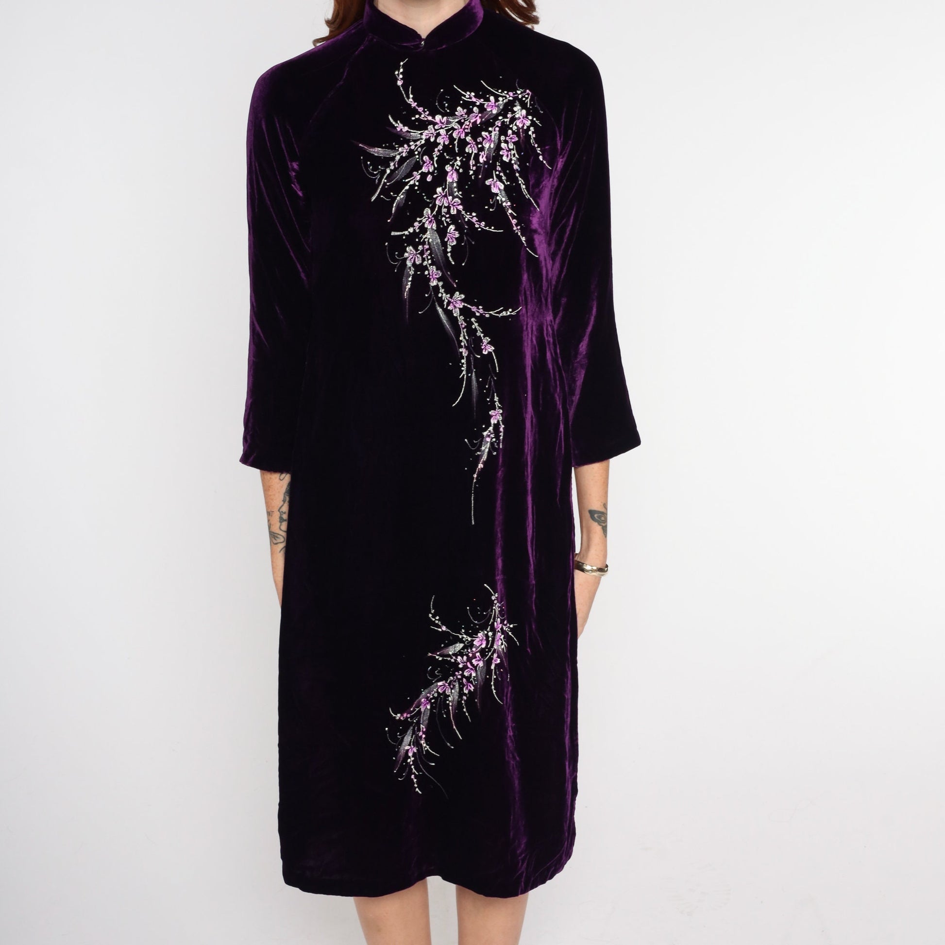 90s Dark Purple Velvet Ao Dai Midi Dress Cherry Blossom Print High Slit Extra Small