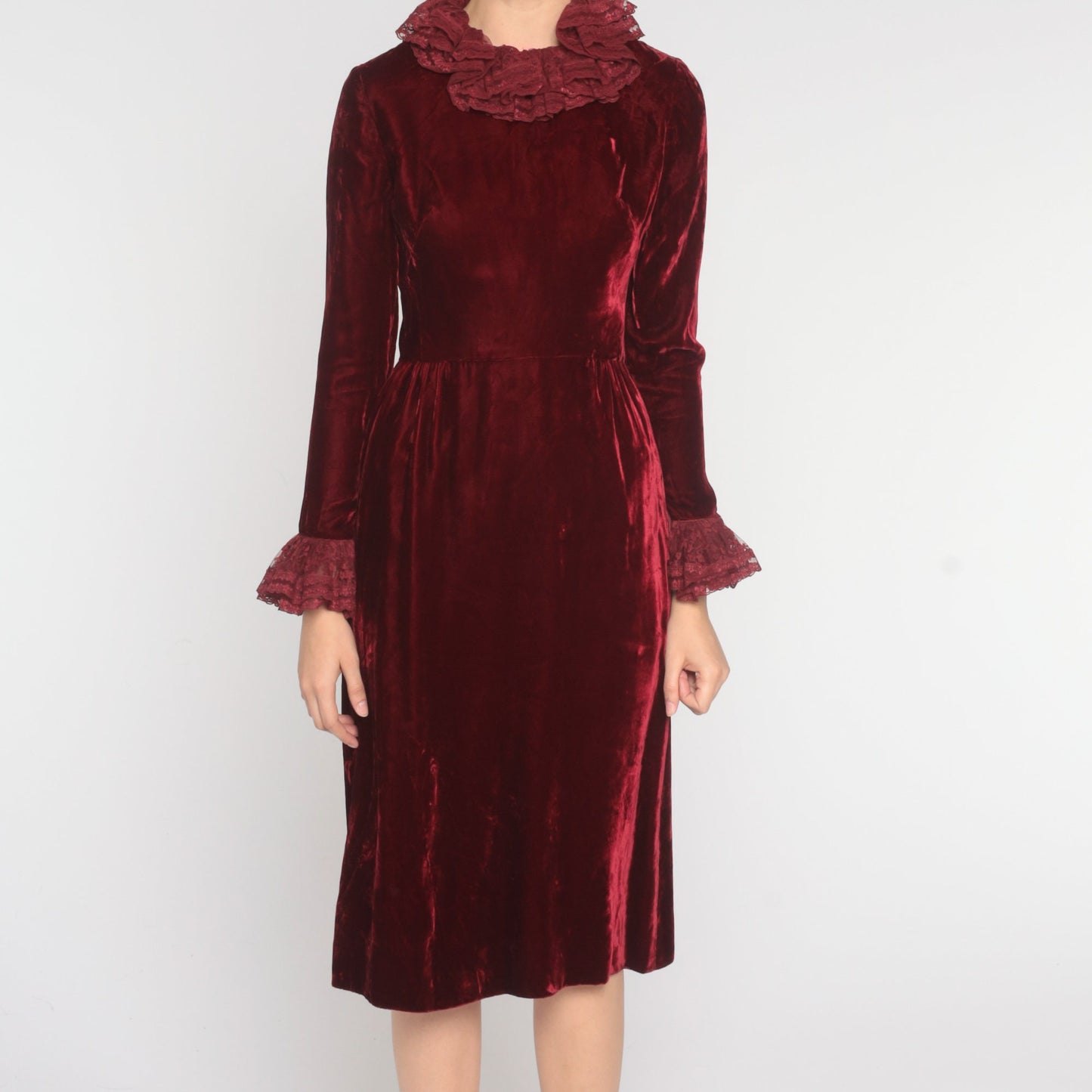 60s Red Velvet Midi Dress Lace Ruffle Long Sleeve High Waist Extra Small