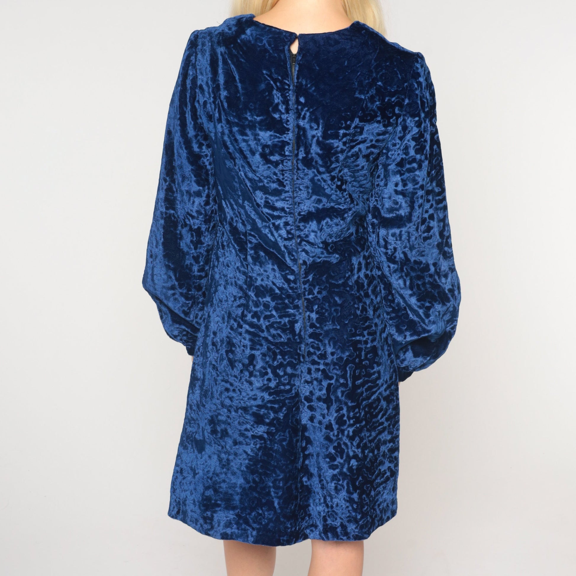 60s Blue Velvet Mini Dress Shift Cut Long Sleeve Asymmetrical Neckline Small