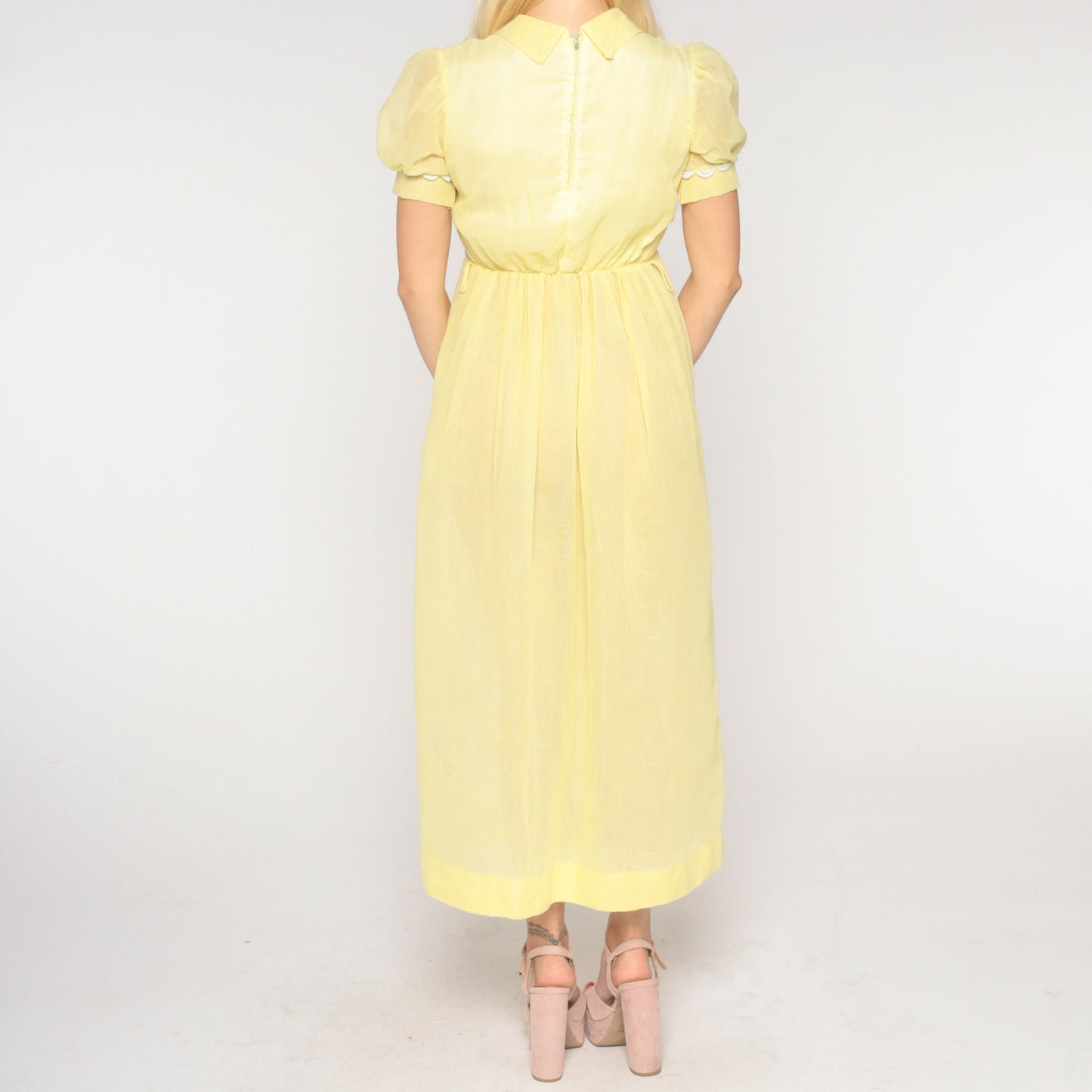 1970s Sheer Pastel Yellow Maxi Dress Puff Sleeve High Waist Extra Small