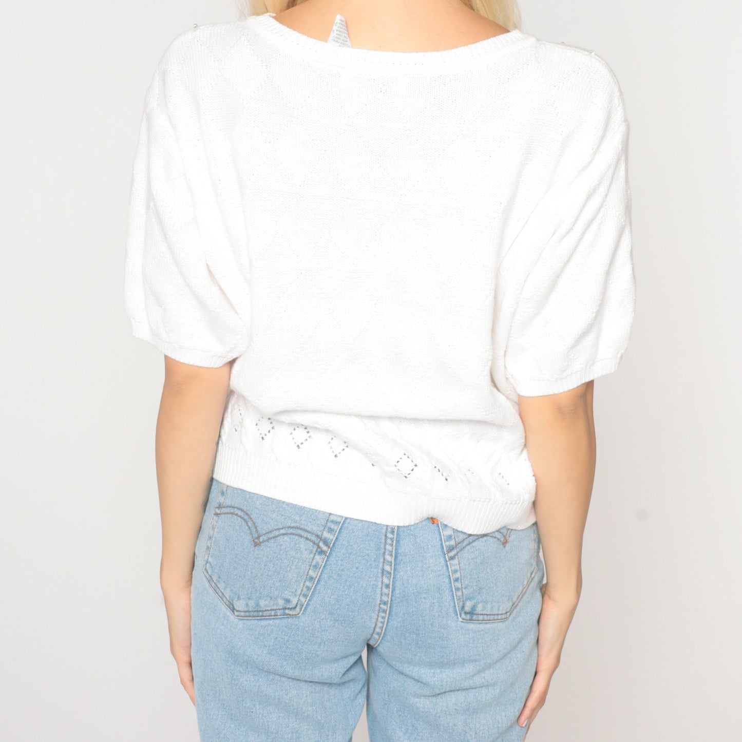 80s Liz Claiborne White Knit Blouse Beaded Cutout Short Sleeve Large L