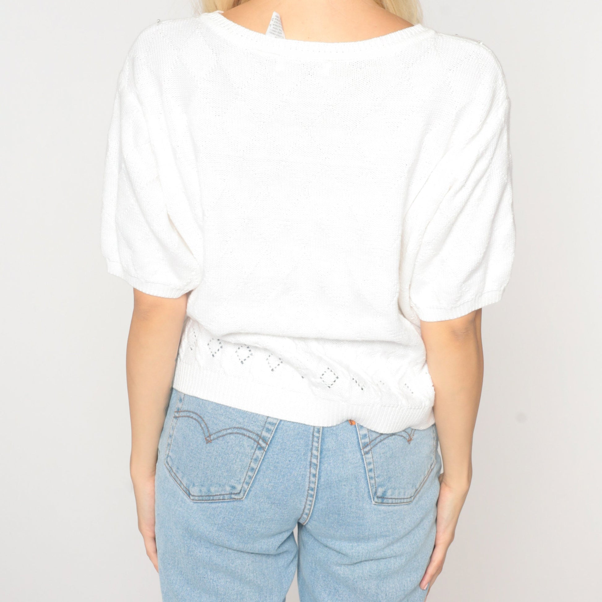 80s Liz Claiborne White Knit Blouse Beaded Cutout Short Sleeve Large L
