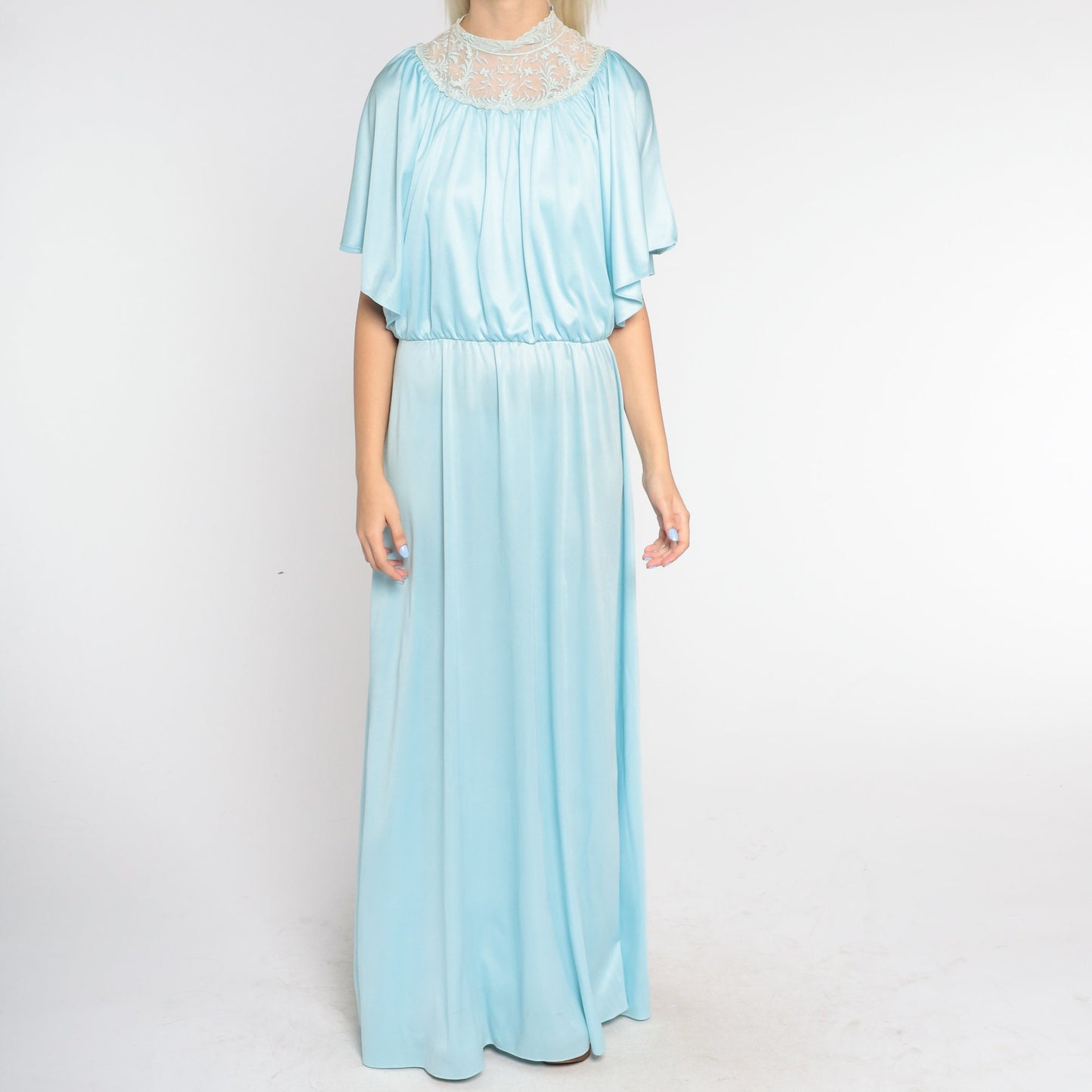 70s Blue Maxi Dress Grecian High Neck Embroidered Lace Split Sleeve Large