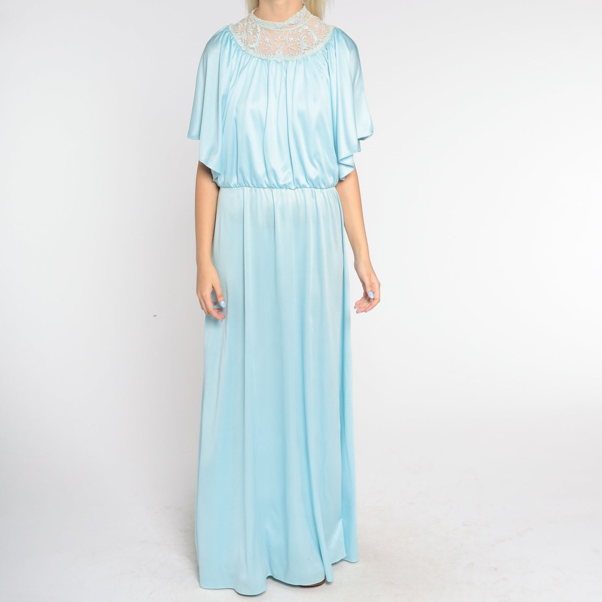 70s Blue Maxi Dress Grecian High Neck Embroidered Lace Split Sleeve Large