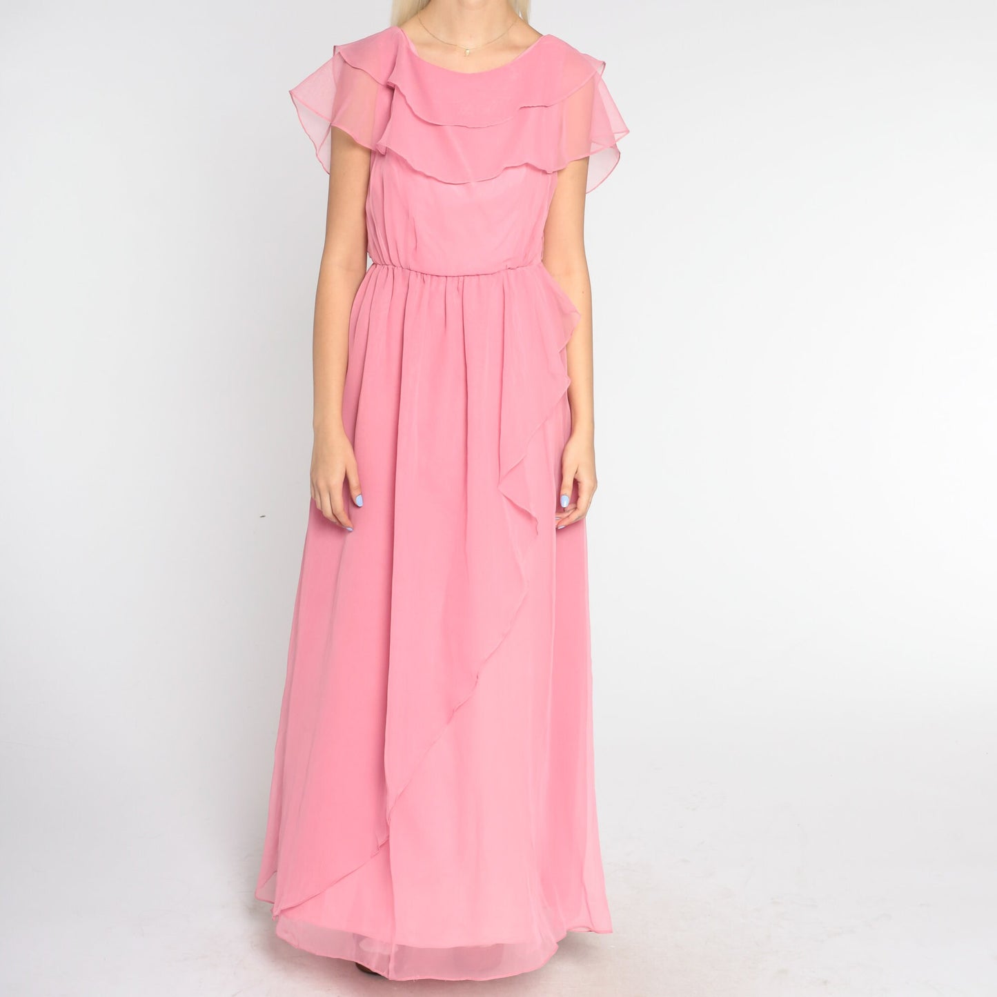 70s Pink Chiffon Maxi Dress Grecian Capelet Flutter Sleeve High Waist Extra Small
