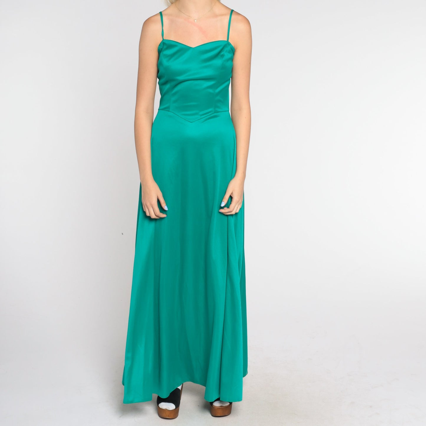 70s Green Maxi Dress Sweetheart Neckline Basque Waist Sleeveless Small S