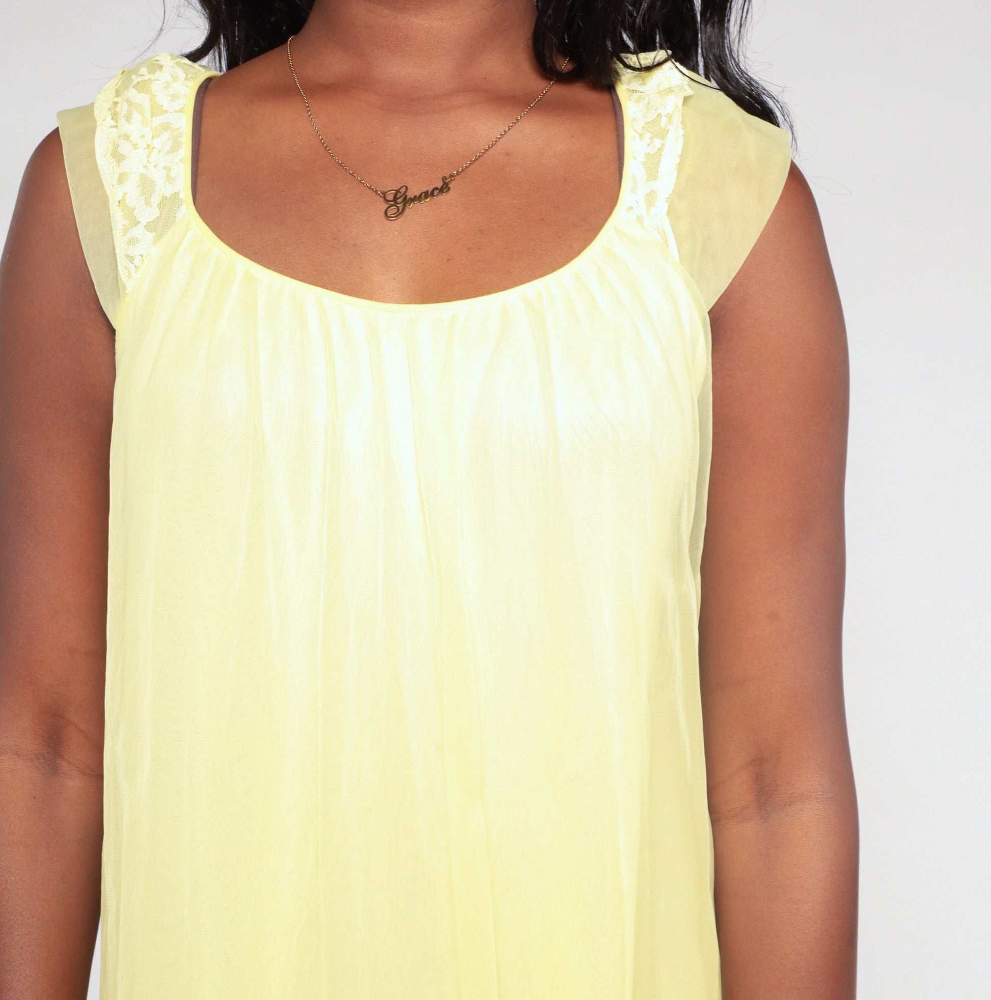 70s Yellow Nylon Nightgown Lace Cap Sleeve Mini Tent Cut Medium