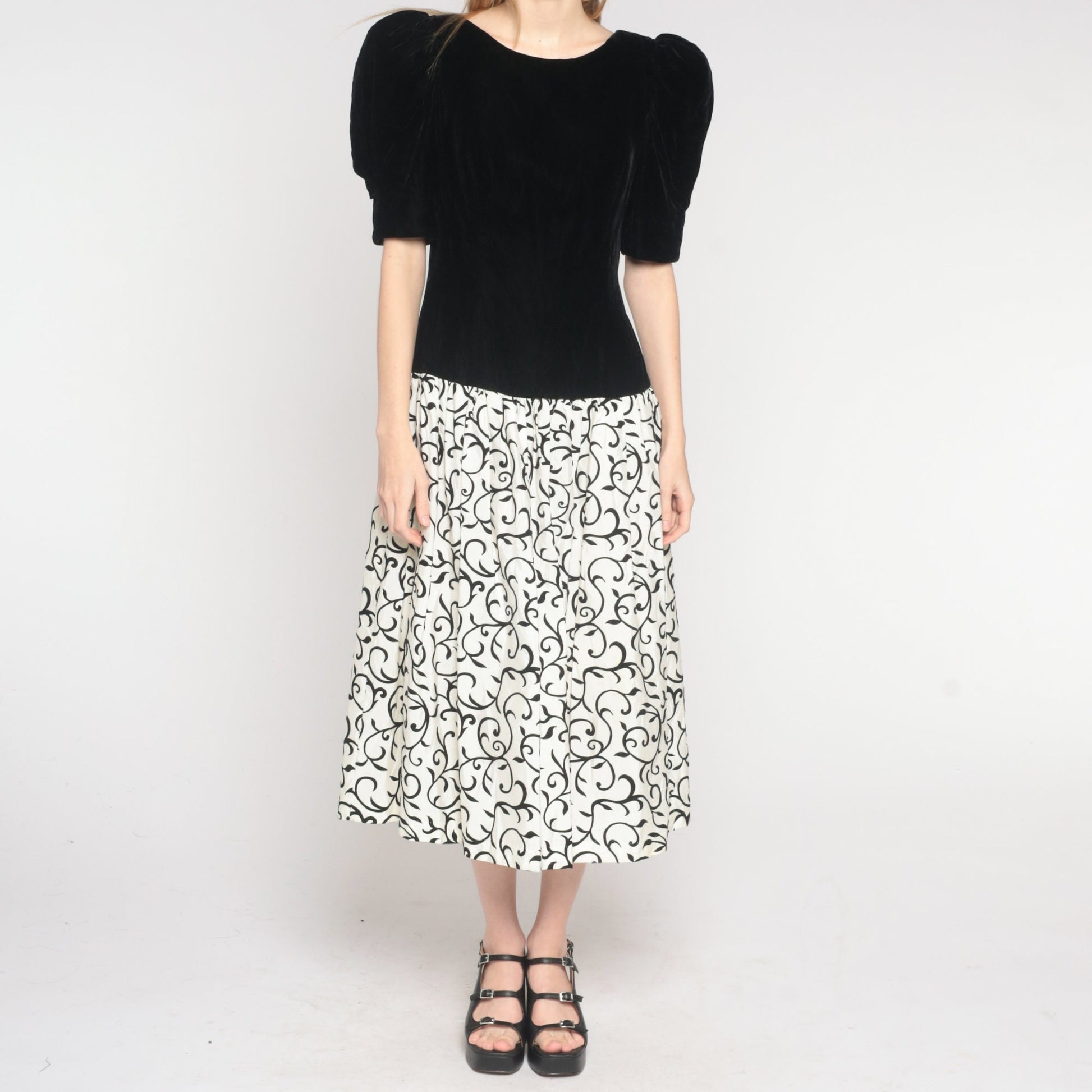 80s Black Velvet Vine Print Midi Dress Puff Sleeve Bow Scoop Back Small