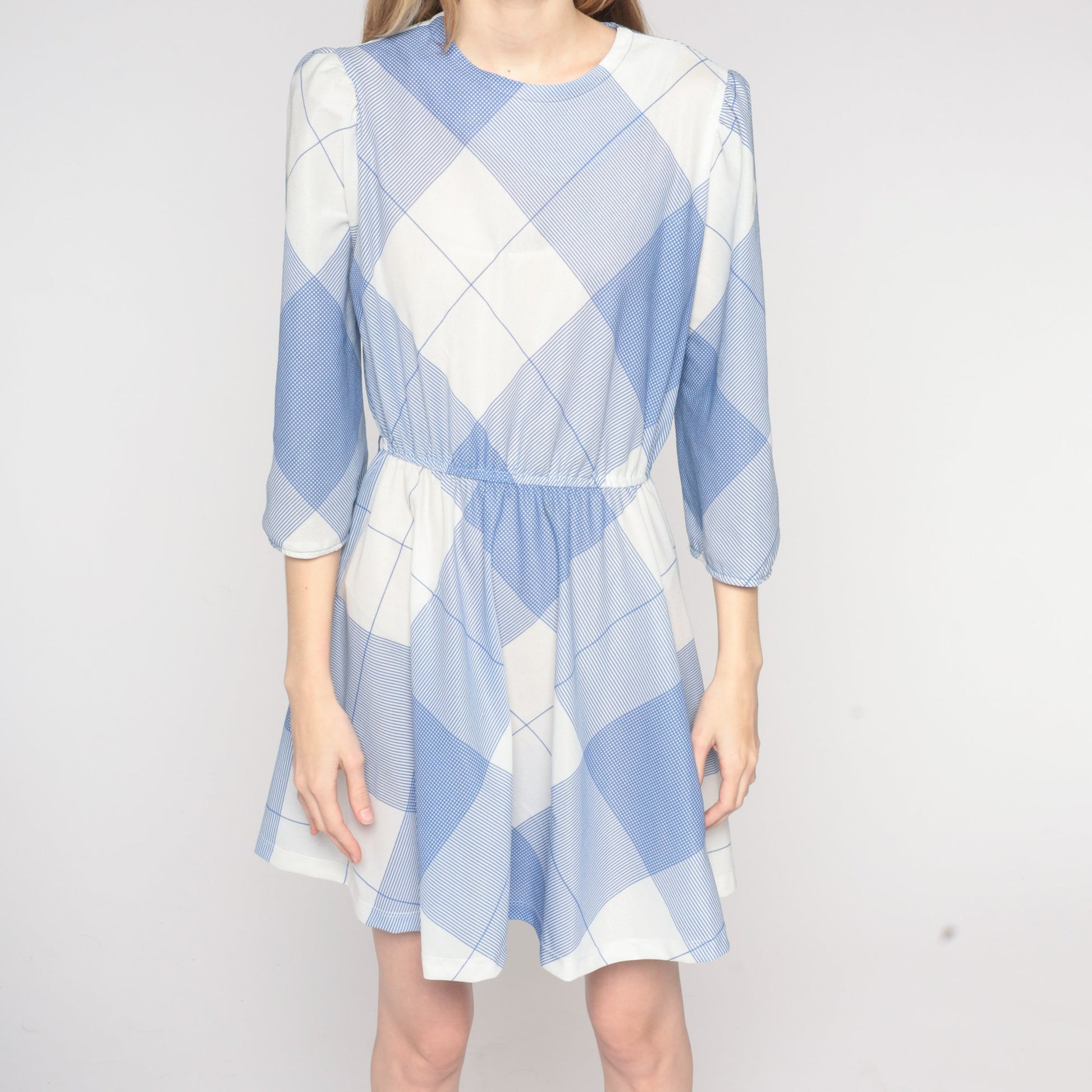 70s Blue White Checkered Mini Dress Puff Sleeve A-Line High Waist Medium Large