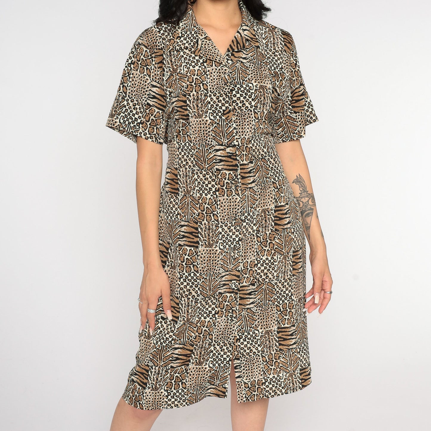 90s Animal Print Midi Shirtdress Leopard Tiger Button-Up Black Brown White Medium 8