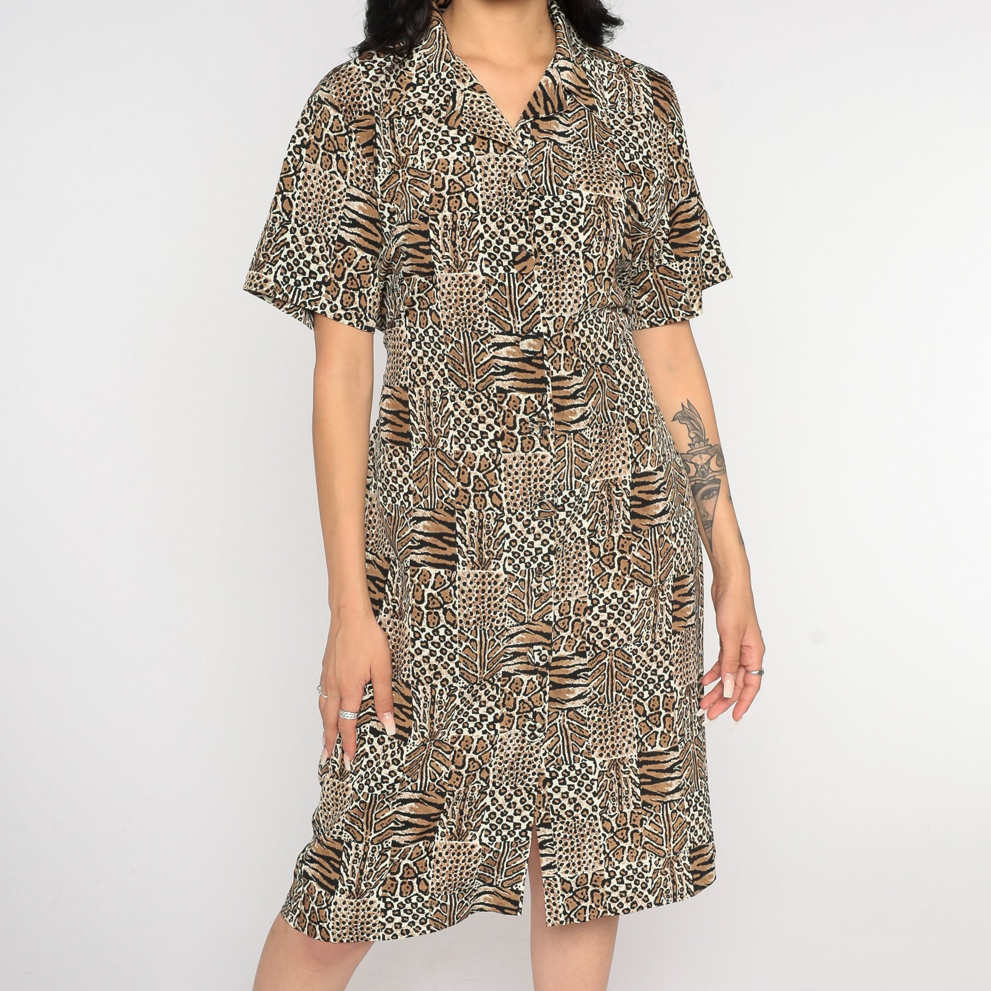 90s Animal Print Midi Shirtdress Leopard Tiger Button-Up Black Brown White Medium 8