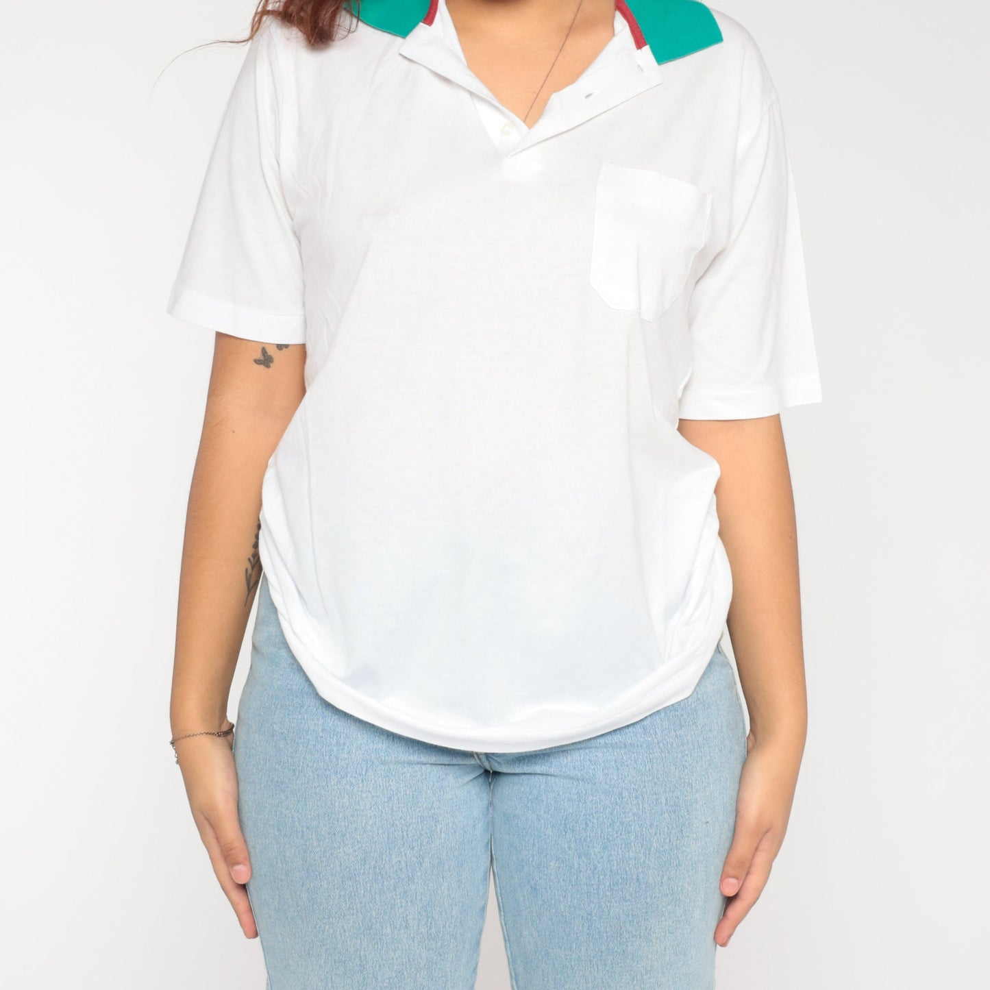 90s White Polo Shirt Green Collar Skier Graphic Short Sleeve Medium M
