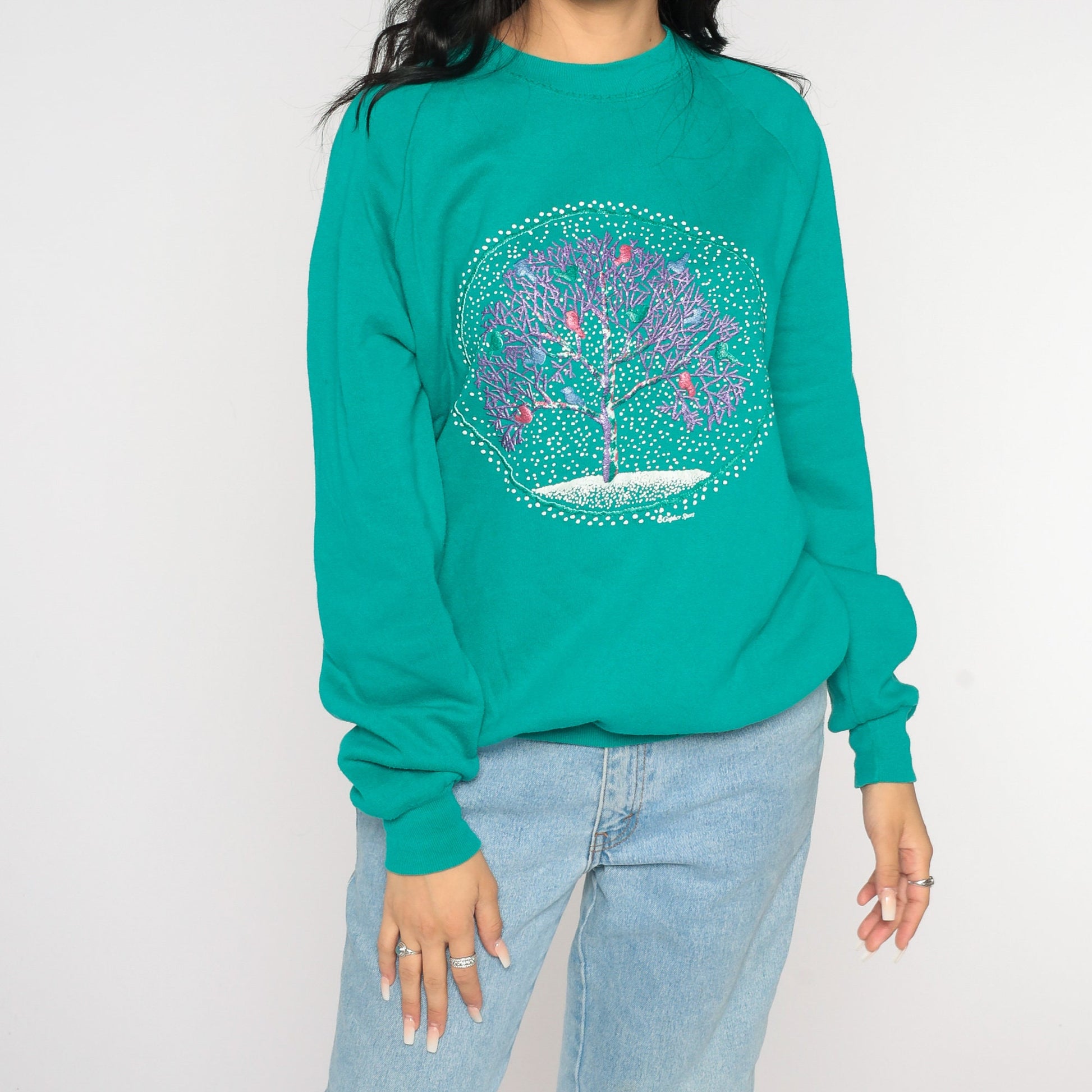 80s Jerzees Bird Tree Raglan Sweatshirt Green Graphic Crewneck Extra Large