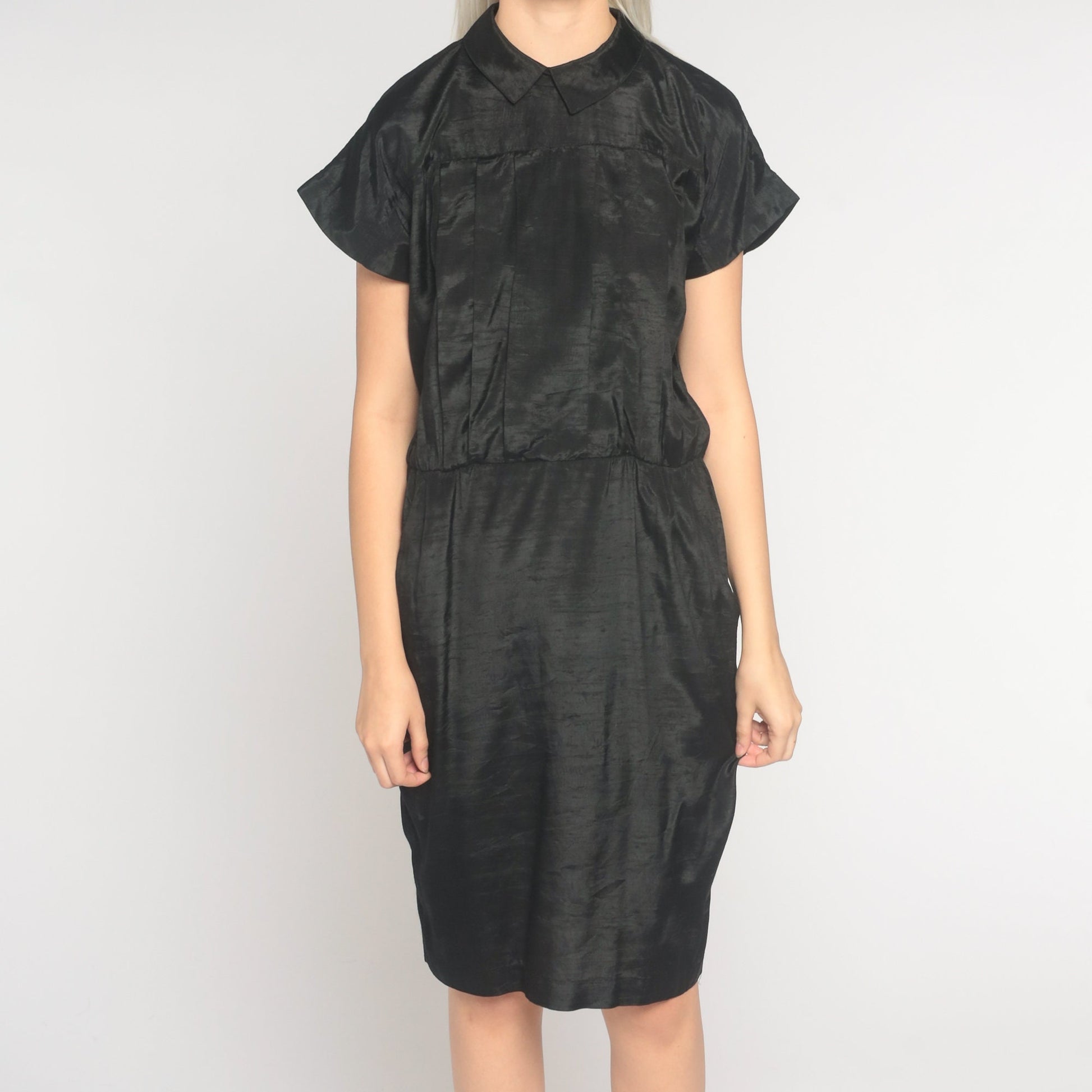 90s Black Shiny Shift Dress Collared Mini Pockets Short Sleeve Medium 8