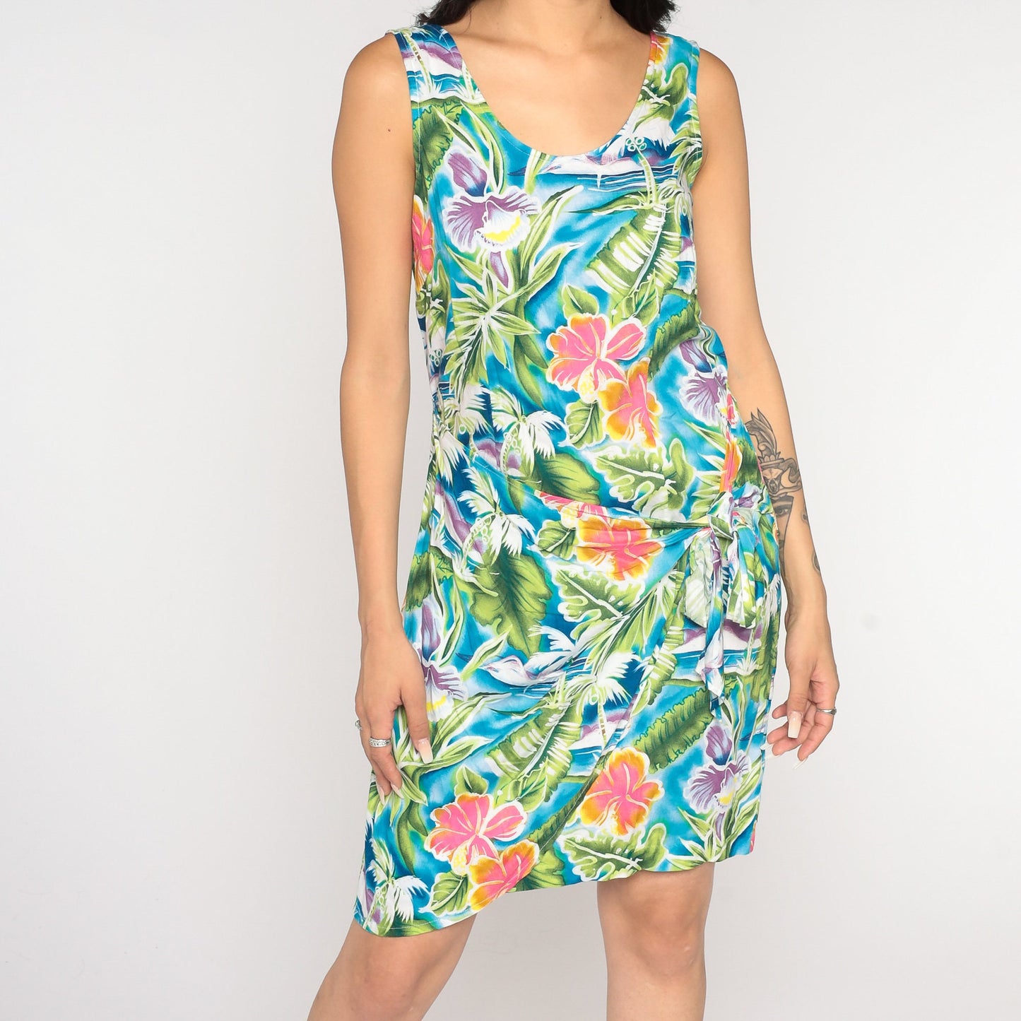 Y2K Tropical Floral Wrap Mini Dress Sleeveless 00s Hawaiian Sundress Medium 8