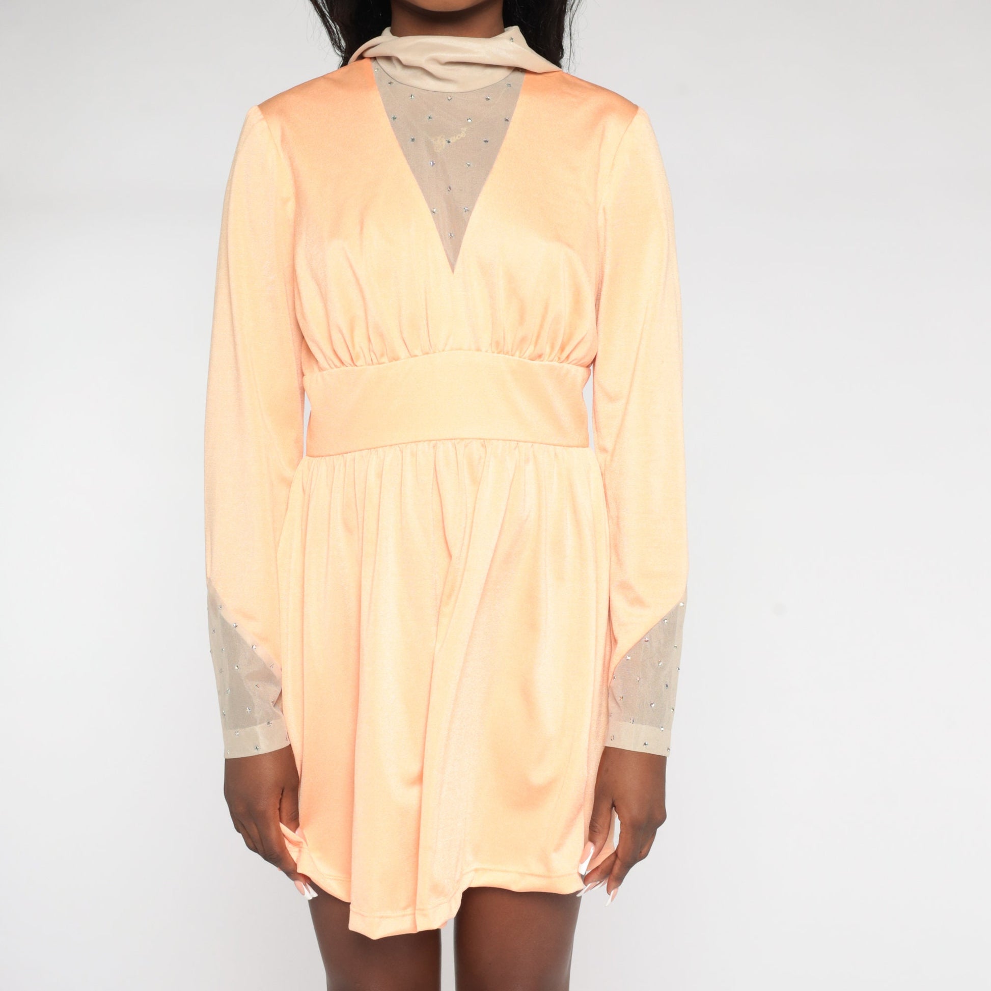 70s Peach Rhinestone Beaded Mini Dress Turtleneck Empire Waist Long Sleeve Medium