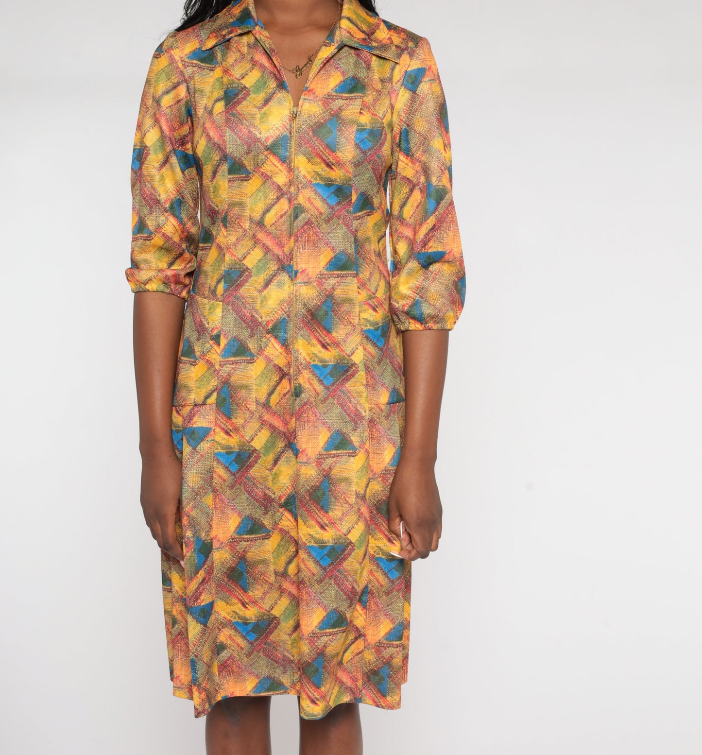 70s Geometric Abstract Print Shift Dress Collared Zip Front Knee Length Yellow Small