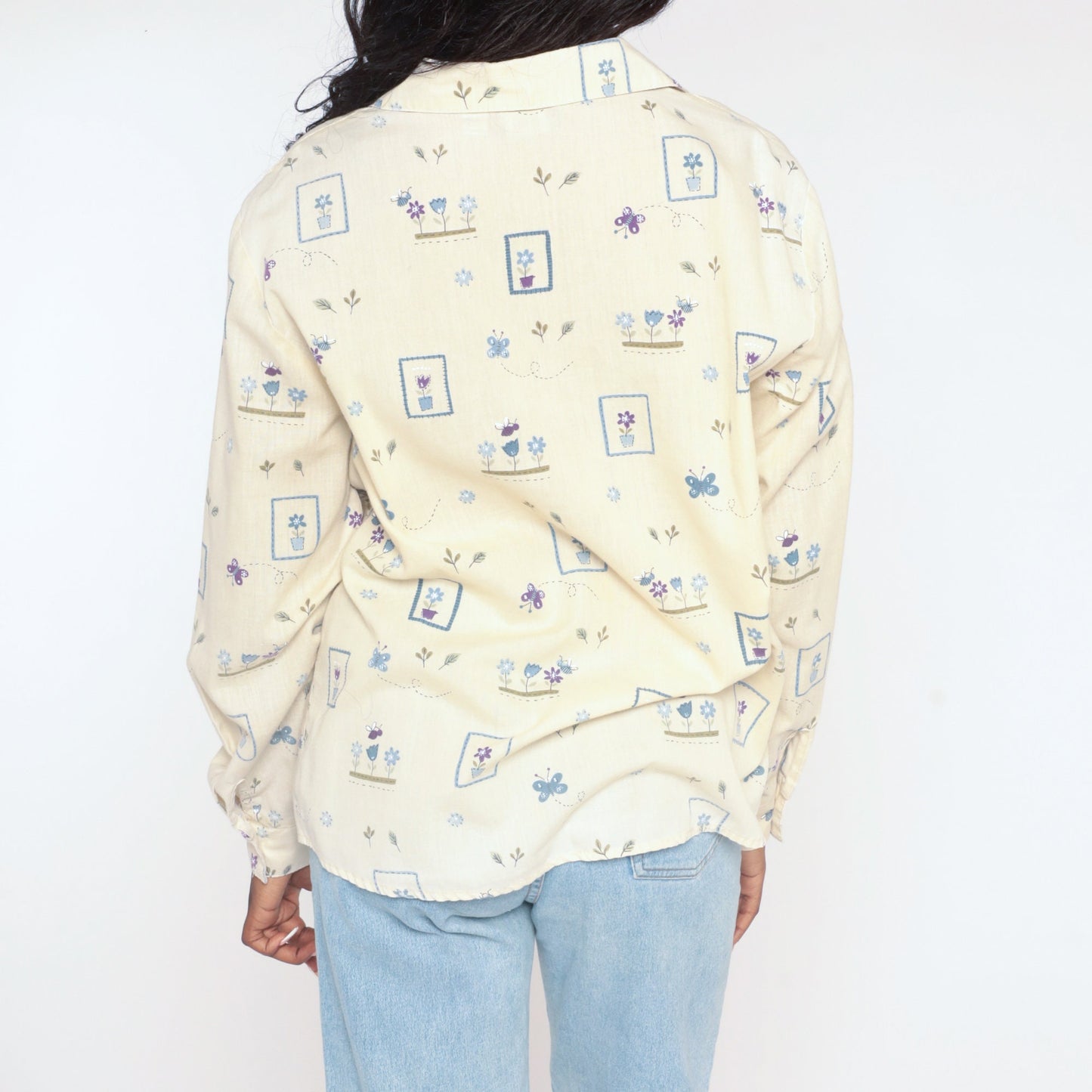 90s Yellow Butterfly Flower Print Button-Up Blouse Long Sleeve Large L