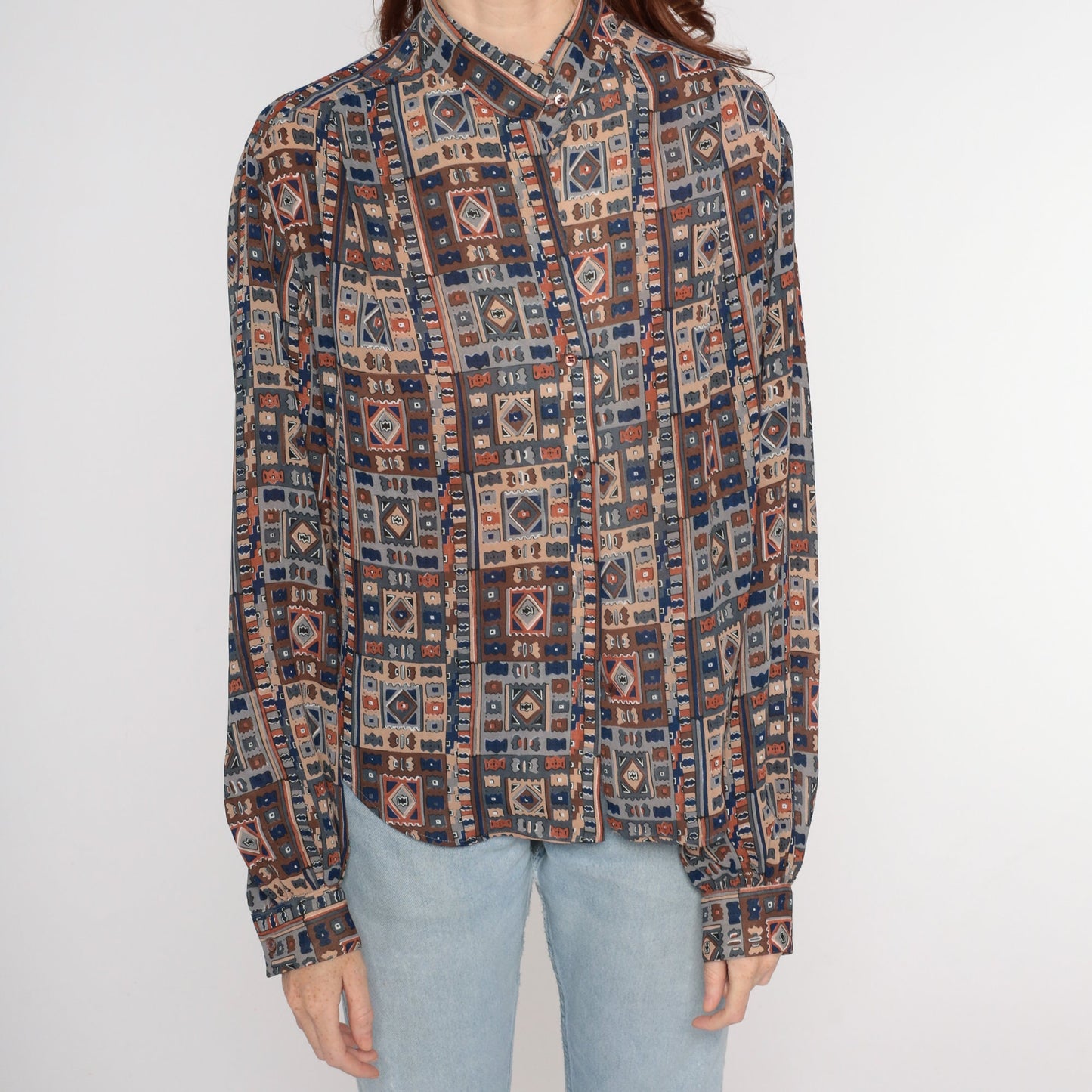 80s Geometric Print Button Up Blouse Mandarin Collar Balloon Sleeve Medium