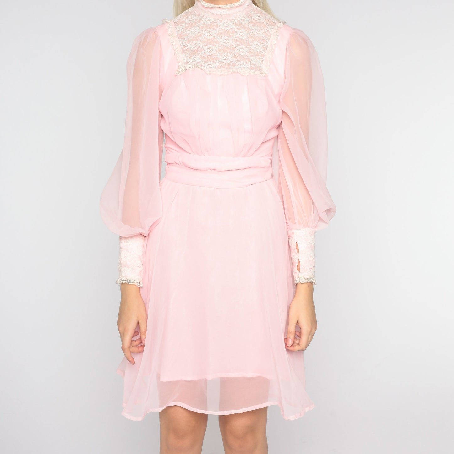 70s Pink Chiffon Mini Dress High Neck Lace Bib Long Sleeve Extra Small