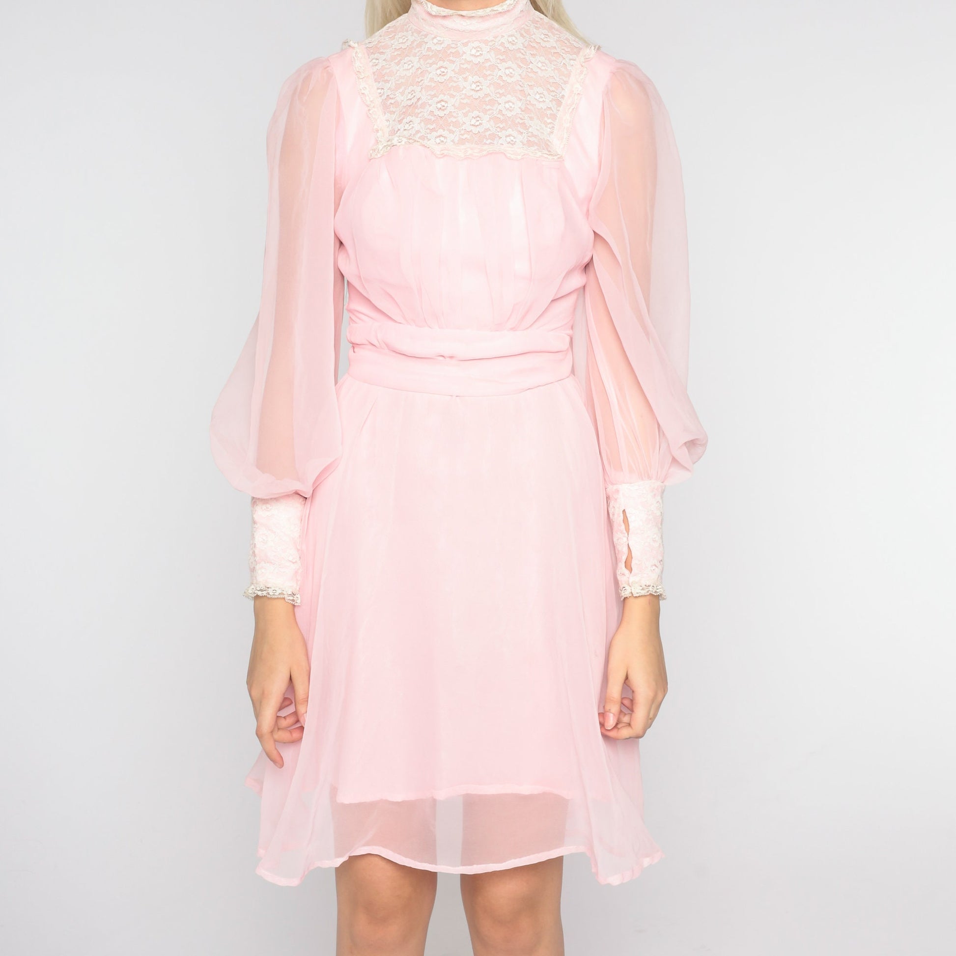 70s Pink Chiffon Mini Dress High Neck Lace Bib Long Sleeve Extra Small