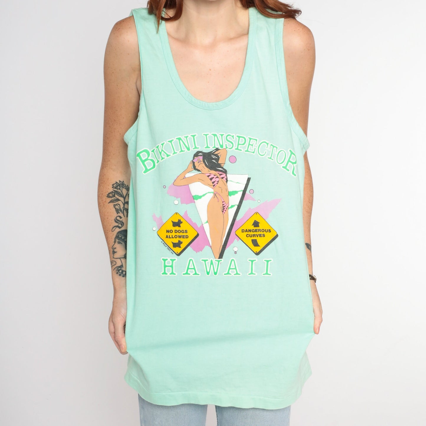 80s Bikini Inspector Tank Top Hawaii Graphic Mint Green Large