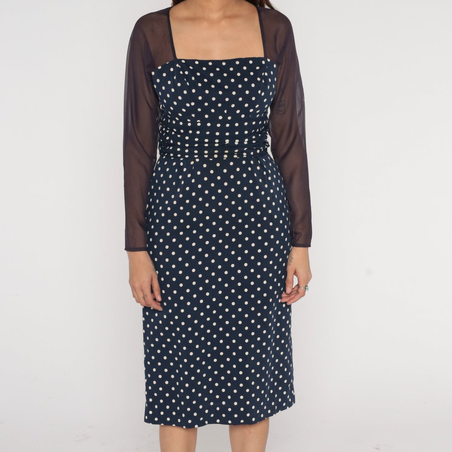 1960s Navy Polka Dot Midi Pencil Dress Sheer Sleeve Keyhole Small
