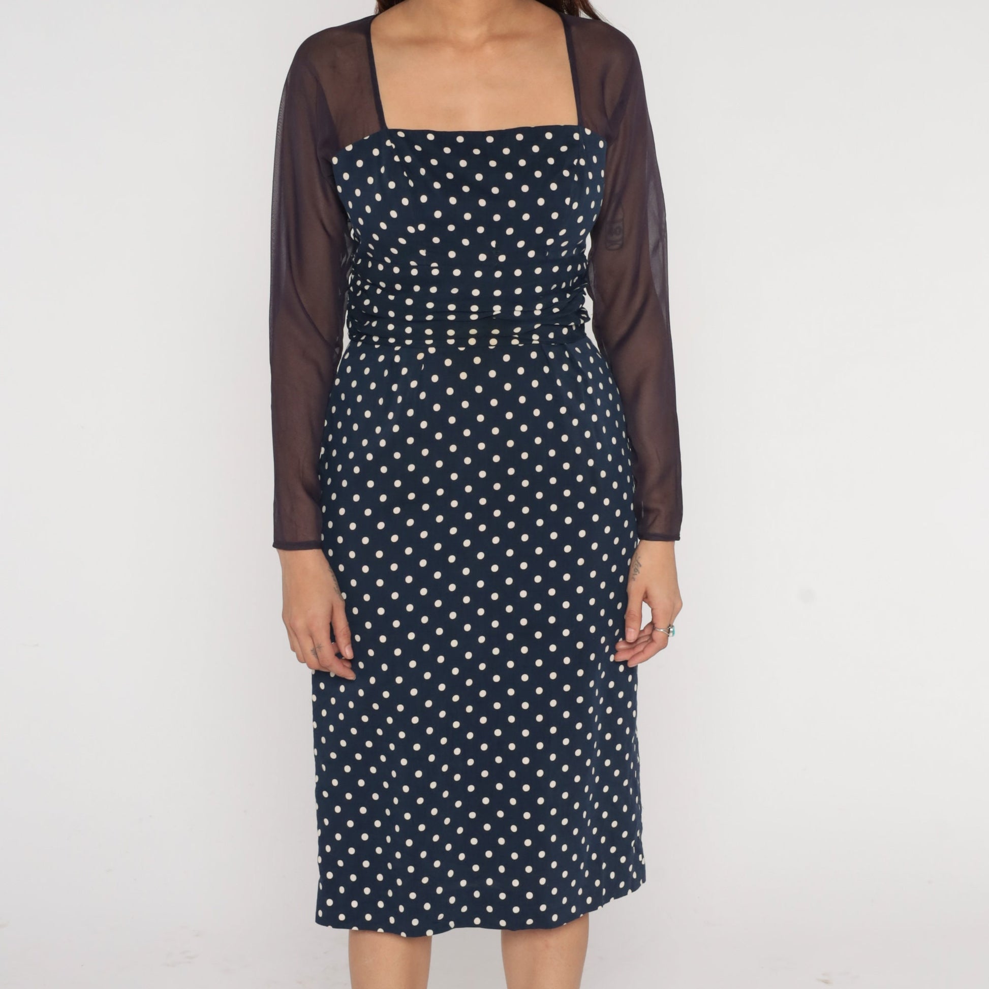 1960s Navy Polka Dot Midi Pencil Dress Sheer Sleeve Keyhole Small