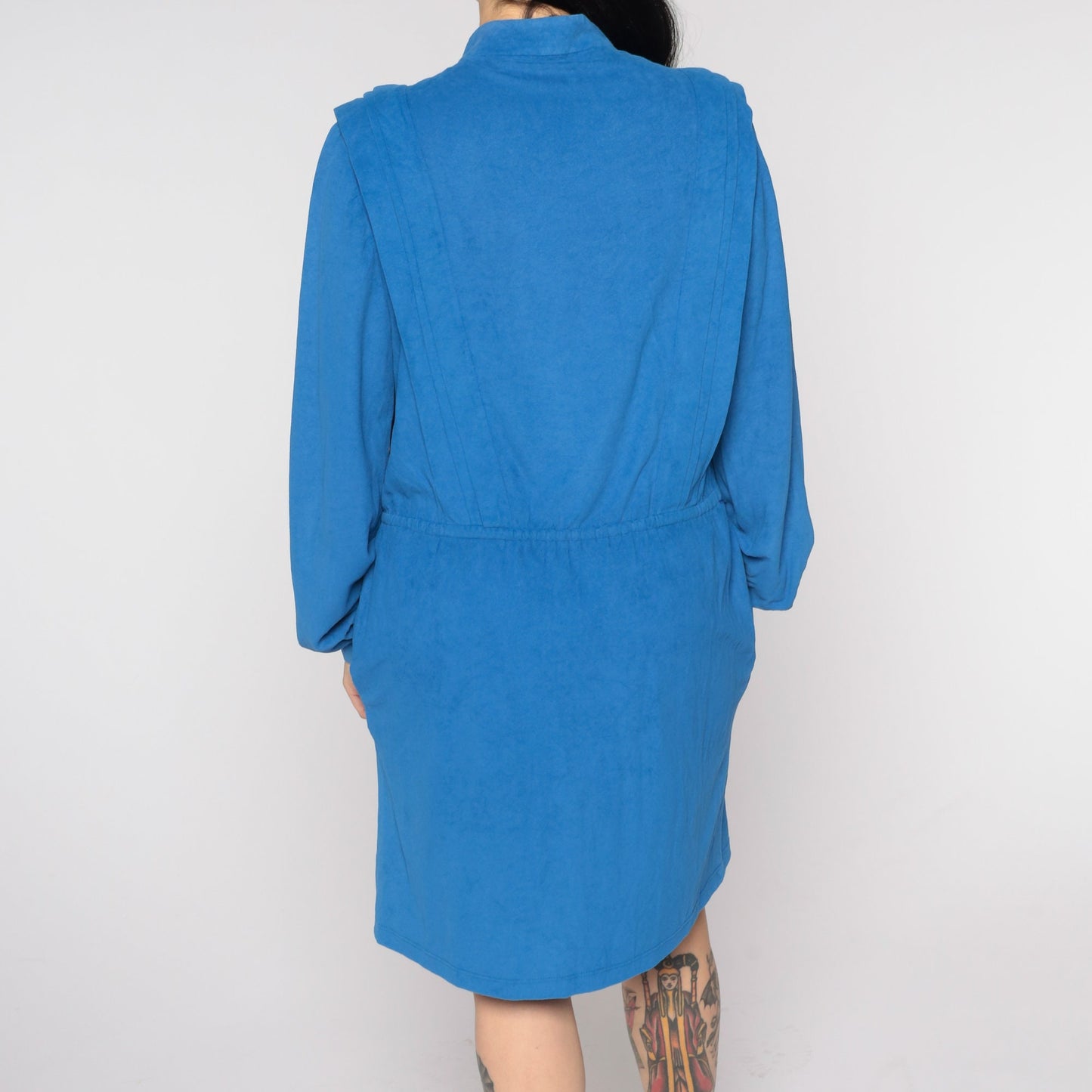 1970s Blue Faux Suede Mini Dress Long Sleeve Elastic Waist Medium Large
