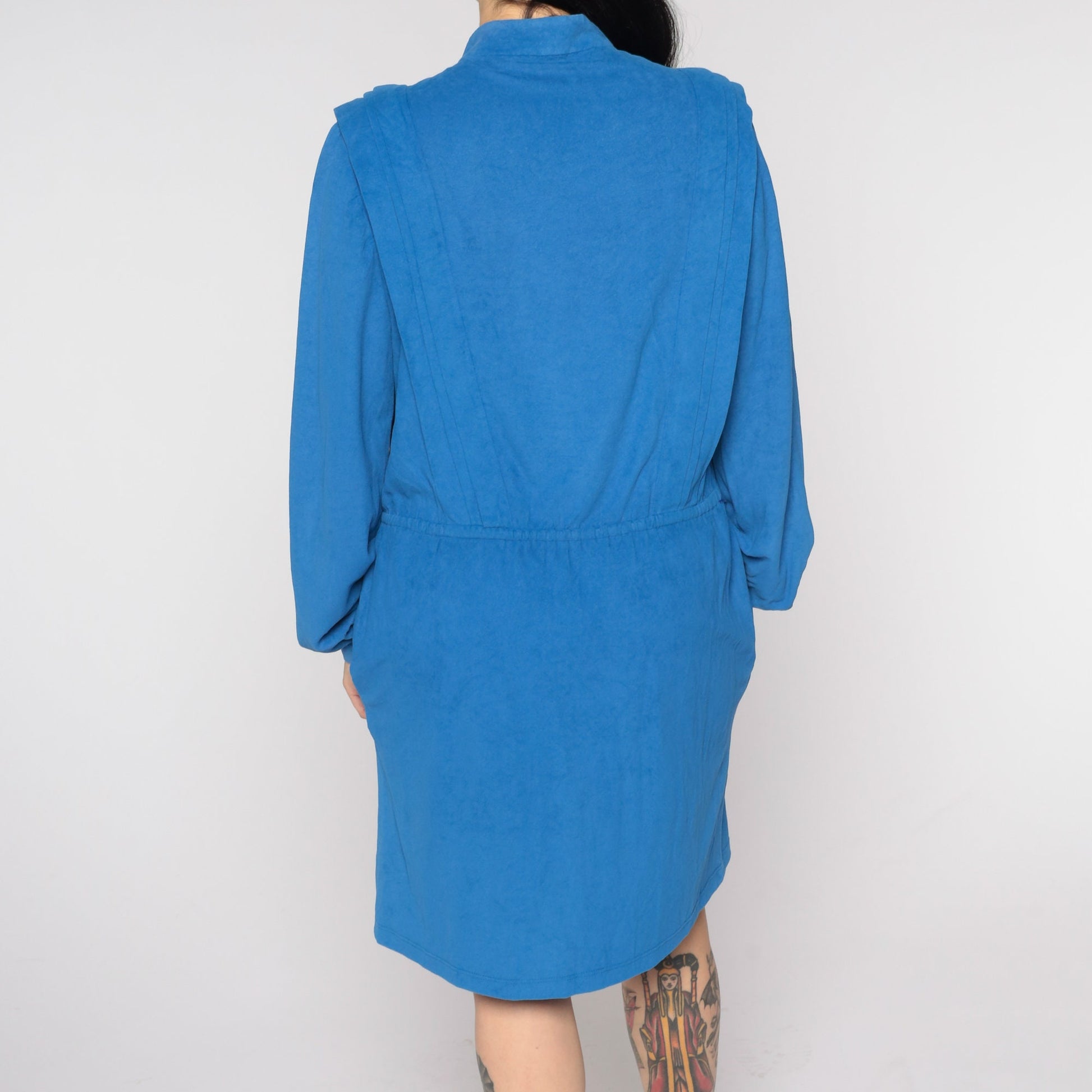 1970s Blue Faux Suede Mini Dress Long Sleeve Elastic Waist Medium Large