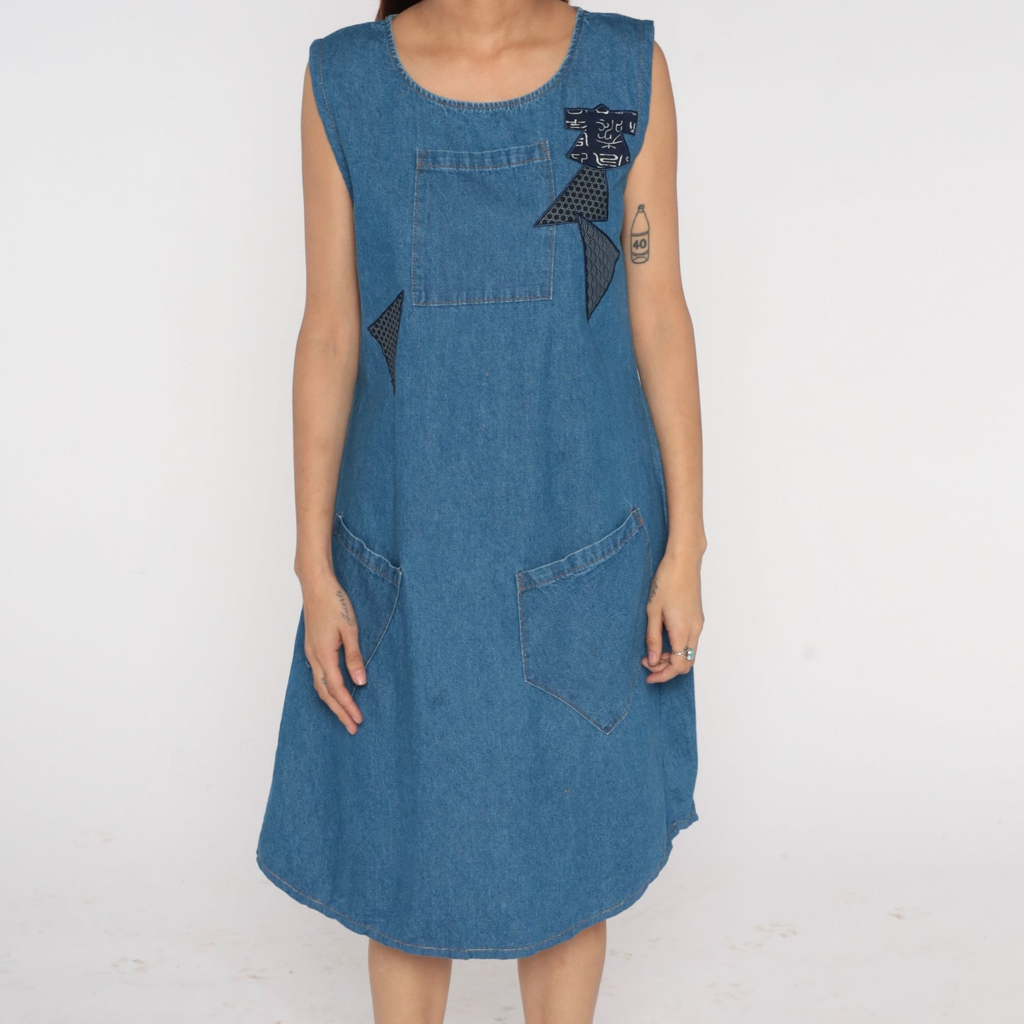 90s Blue Denim Midi Dress Asian Patch Sleeveless Flared Medium M