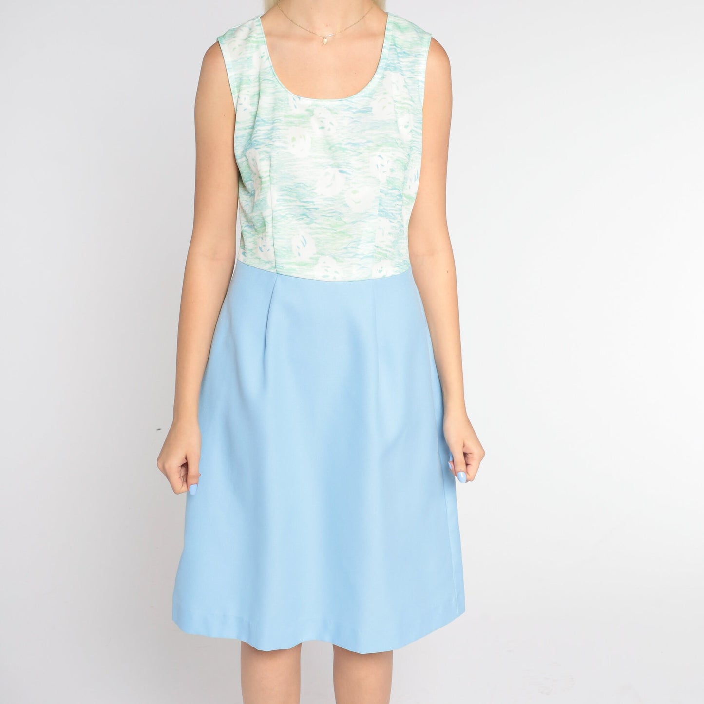 70s Watercolor Mini Dress Blue Green Sleeveless High Waist Small