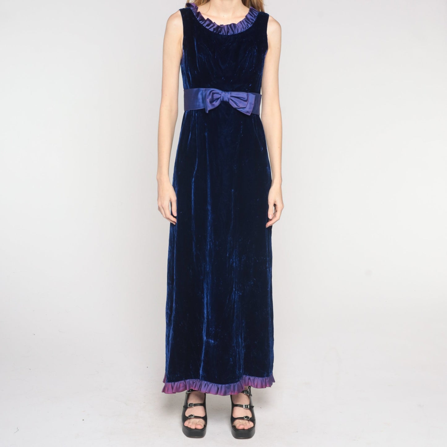 70s Indigo Velvet Maxi Dress Empire Waist Bow Ruffled Neckline Small S