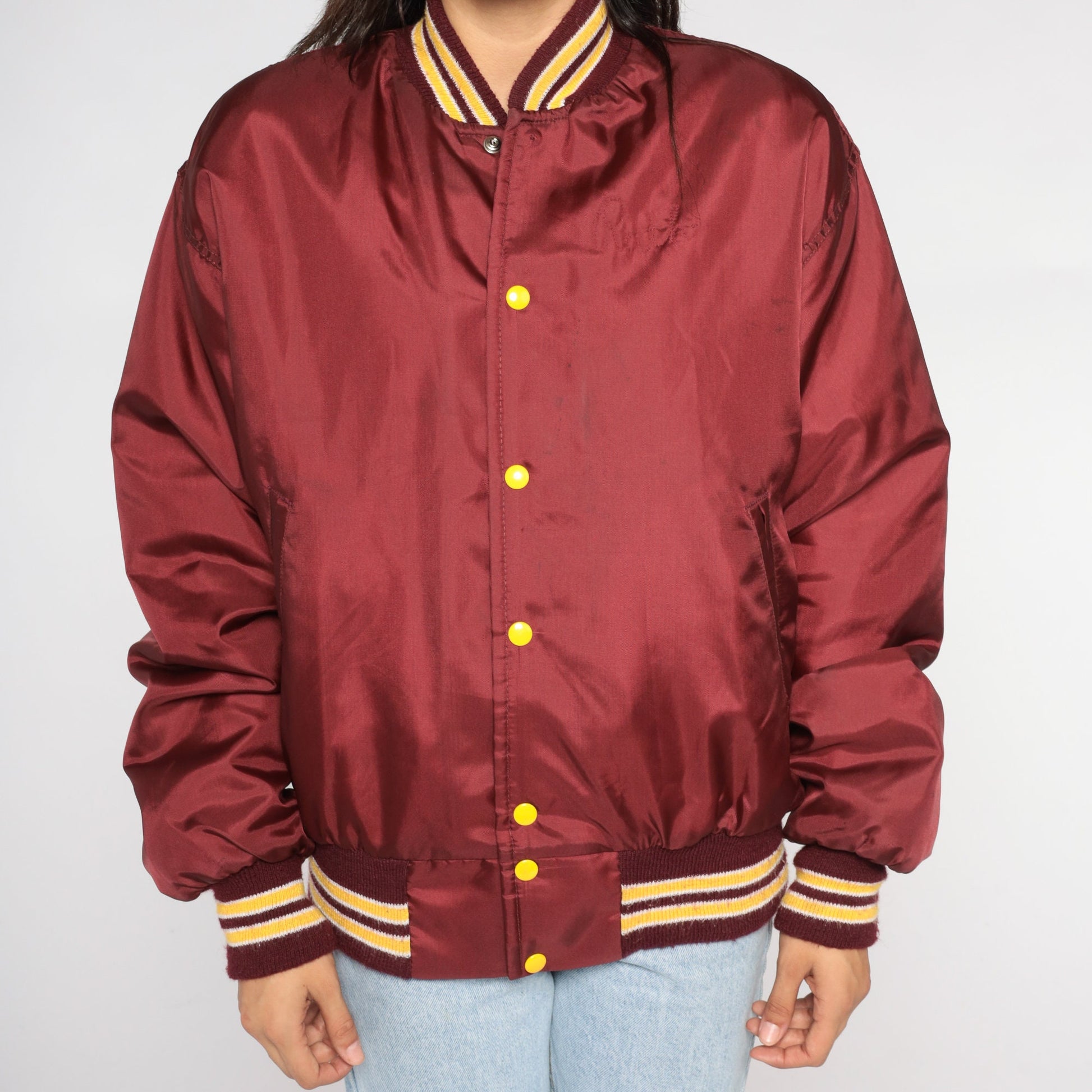 80s Schmidt's Dist Co Winoma Bomber Jacket Burgundy Snap Baseball Coat Medium