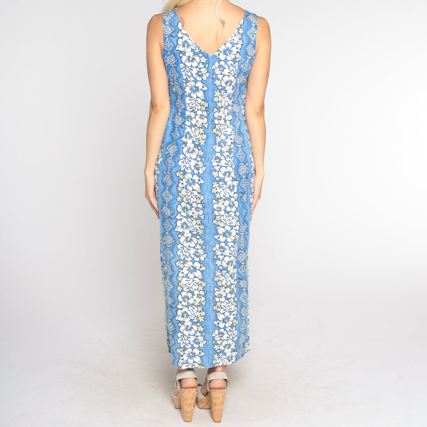 90s Blue Hawaiian Turtle Floral Midi Dress Sleeveless Extra Small XS