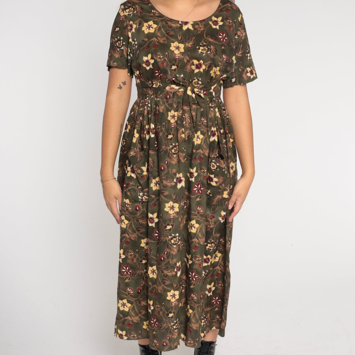 90s Dark Green Floral Midi Dress High Waist Tie Belt Rayon Large L