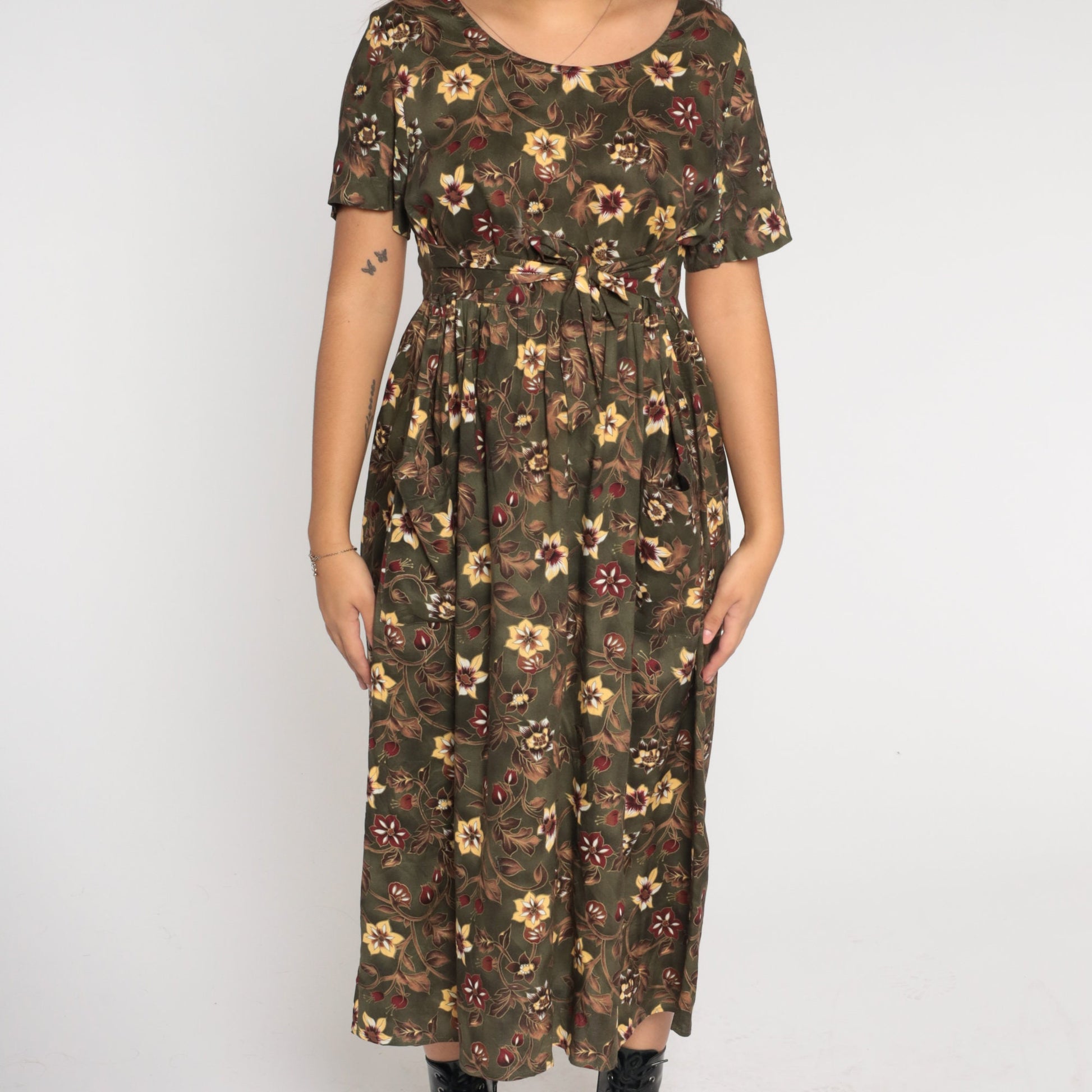 90s Dark Green Floral Midi Dress High Waist Tie Belt Rayon Large L