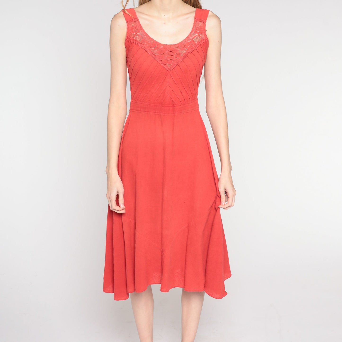 1970s Red Midi Sundress Crochet Trim High Waist Pintuck Cotton Small