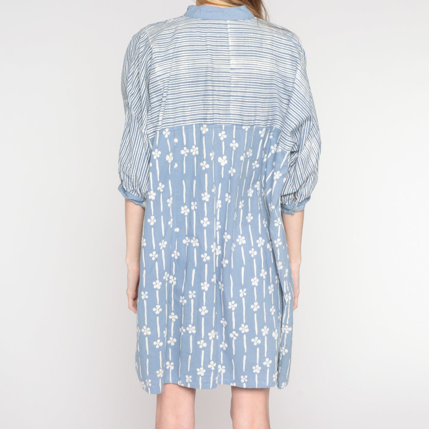 80s Striped Floral Shirtdress Blue Button-Up Mini Cotton Extra Large