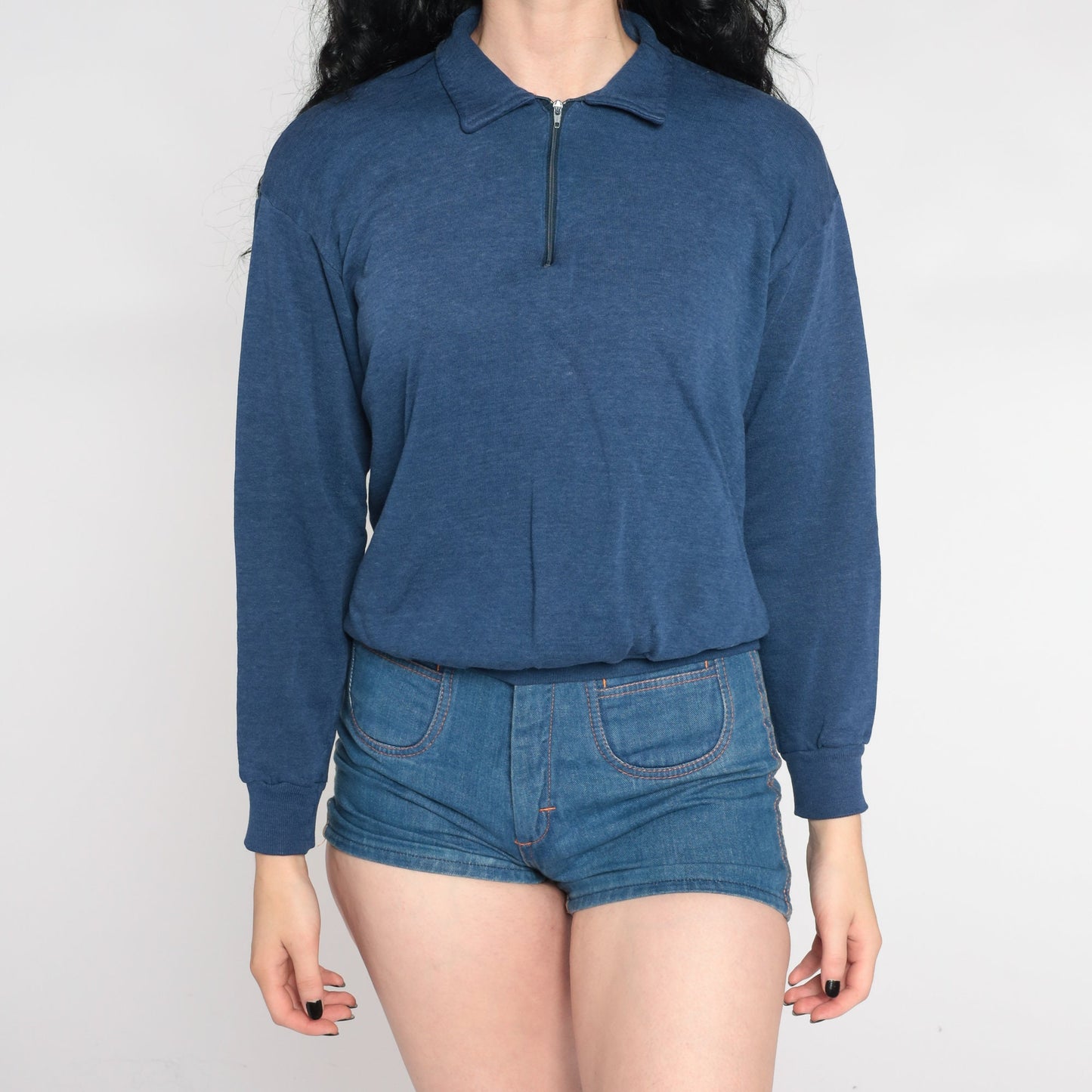90s Blue Quarter Zip Collared Pullover Sweatshirt Plain Medium M