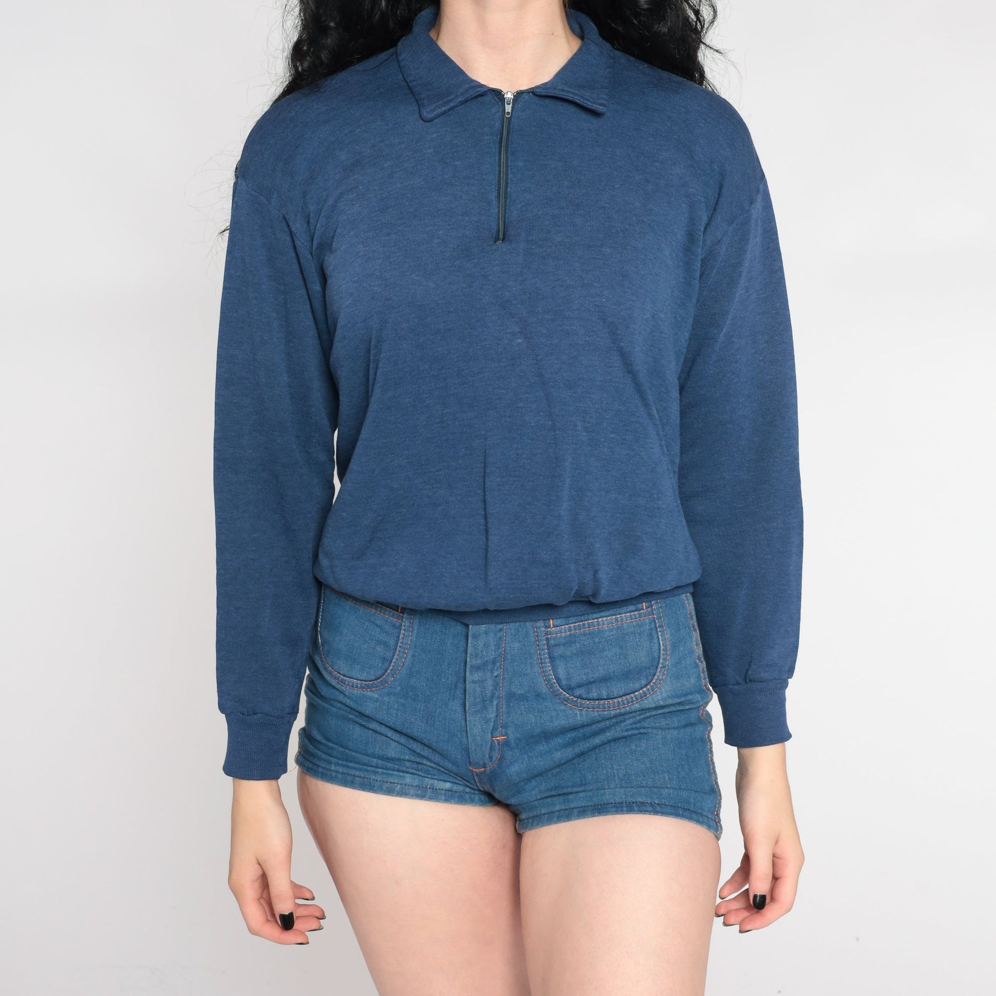 90s Blue Quarter Zip Collared Pullover Sweatshirt Plain Medium M