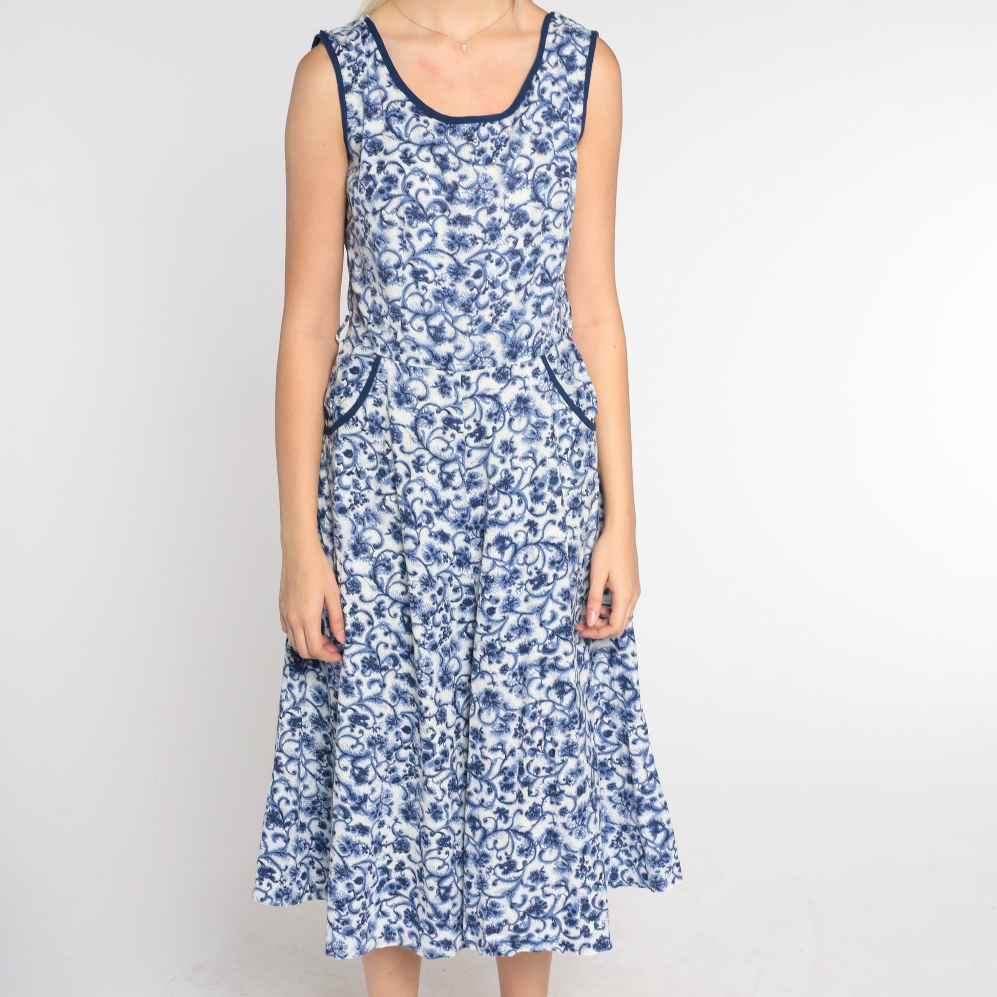 1960s Floral Midi Dress Blue White Rhinestone Beaded High Waist A-Line Medium