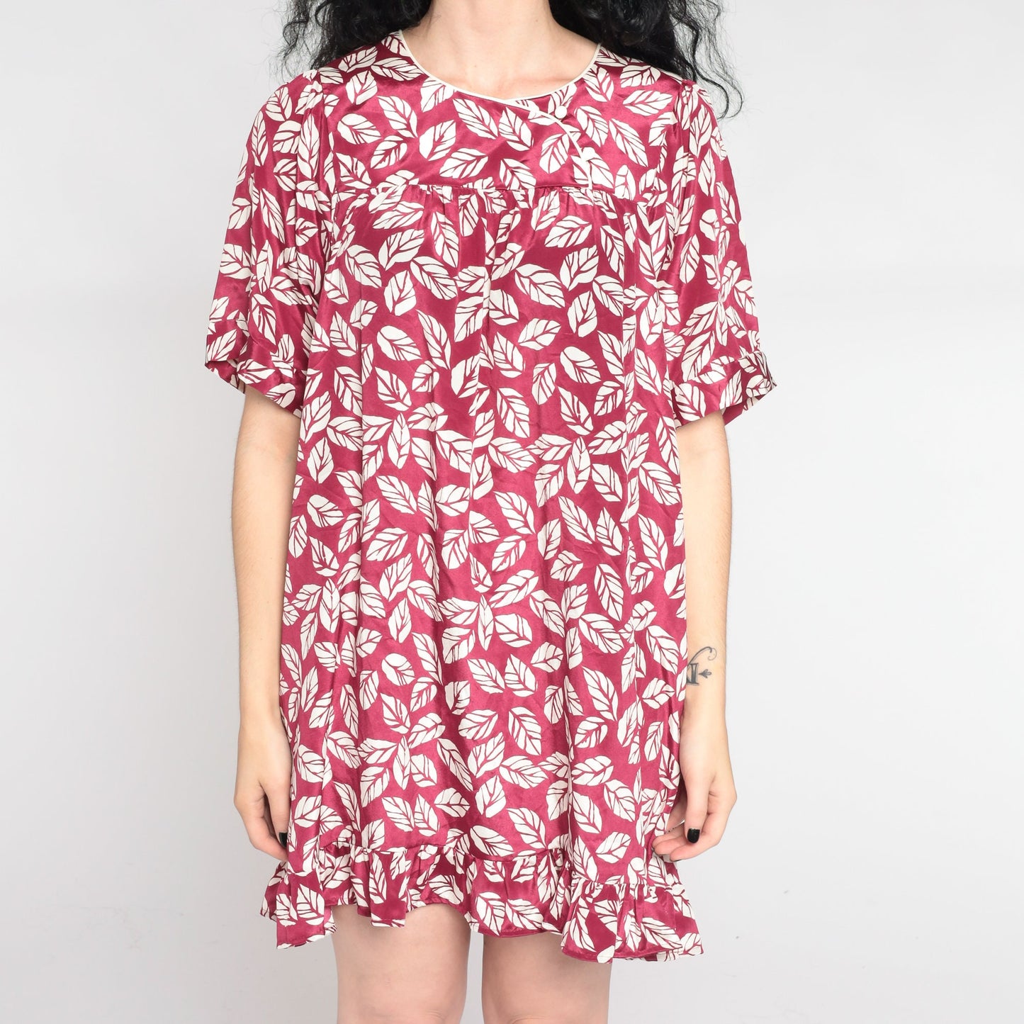 90s Leaf Print Tent Dress Dark Raspberry Red Mini Yoke Short Sleeve Small Medium