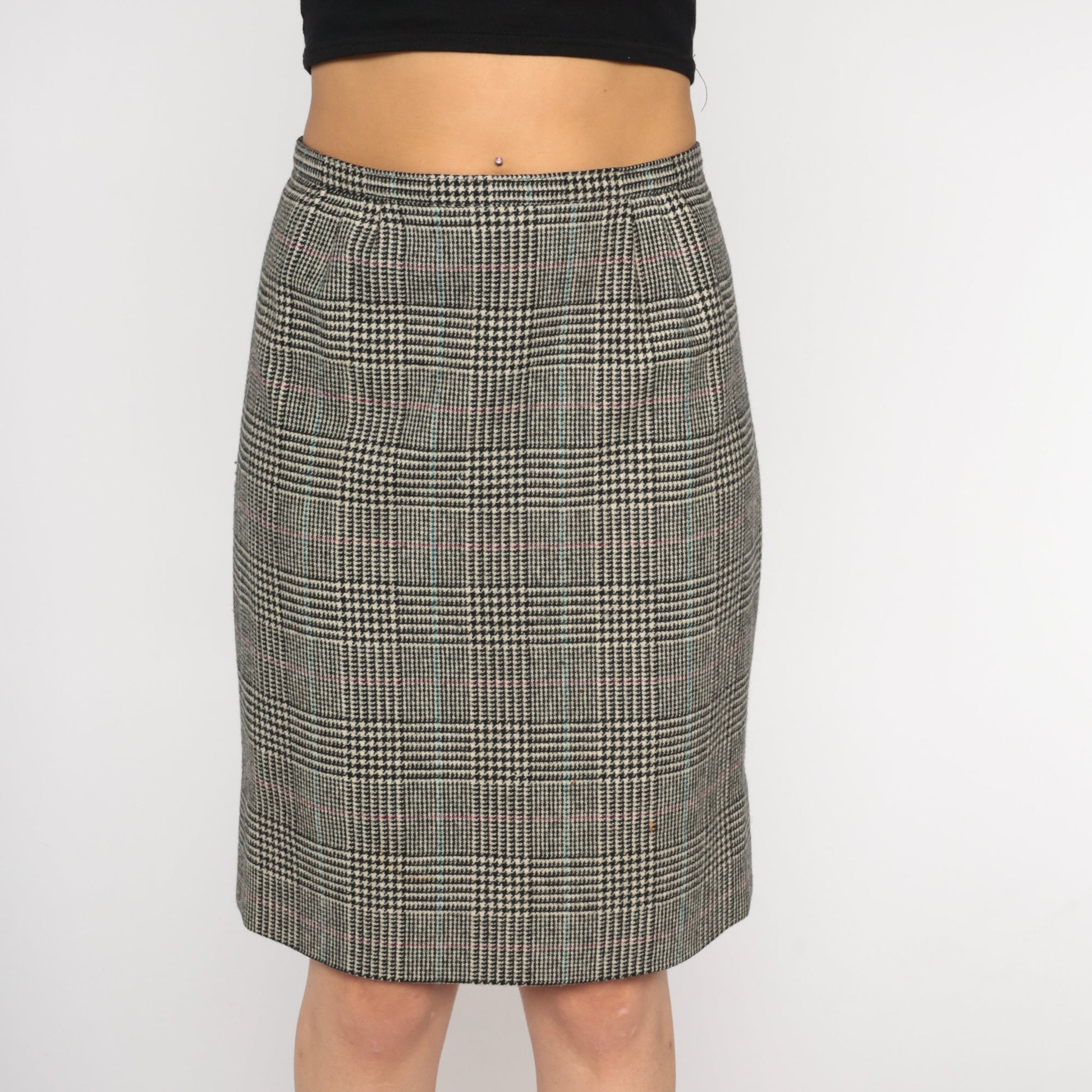 60s Houndstooth Wool Pencil Skirt High Waisted Mini Checkered Small