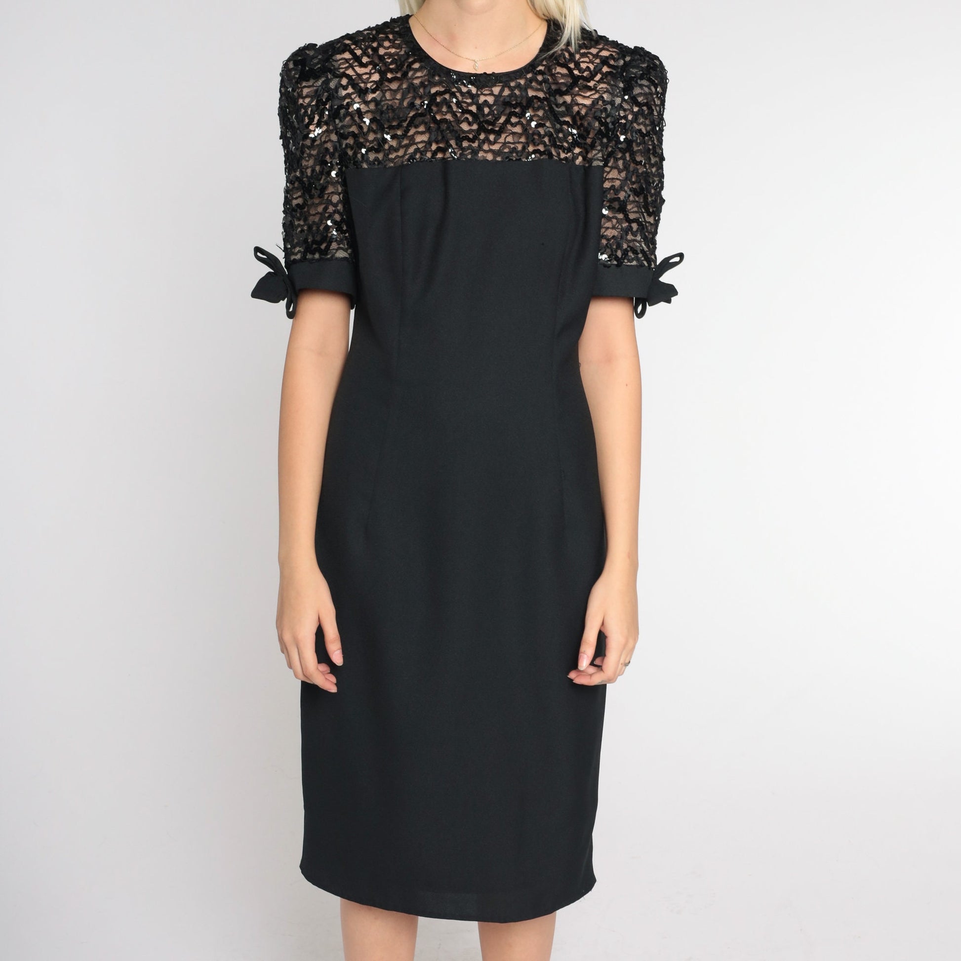 80s Black Sequin Lace Pencil Dress Knee Length Short Sleeve Small
