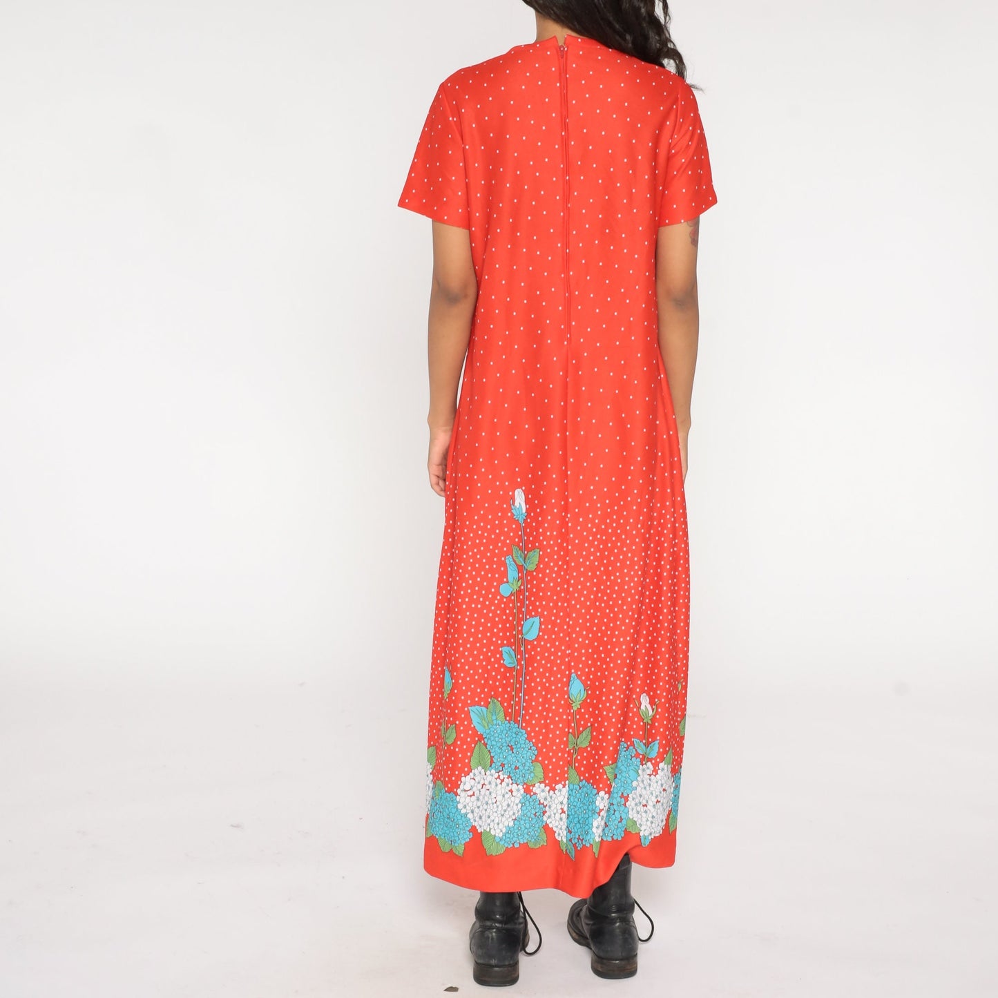 70s Red Floral Hydrangea Dot Print Maxi Dress Jacket Two Piece Set Large L