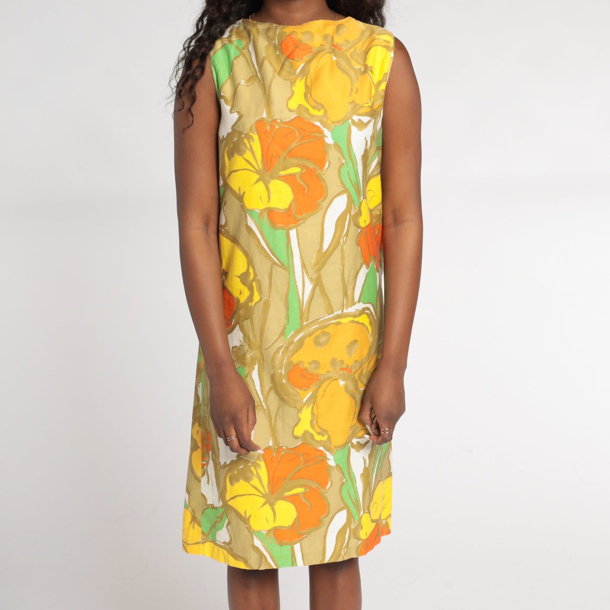 60s Mod Floral Shift Dress Knee Length Orange Green Tan Cotton Small