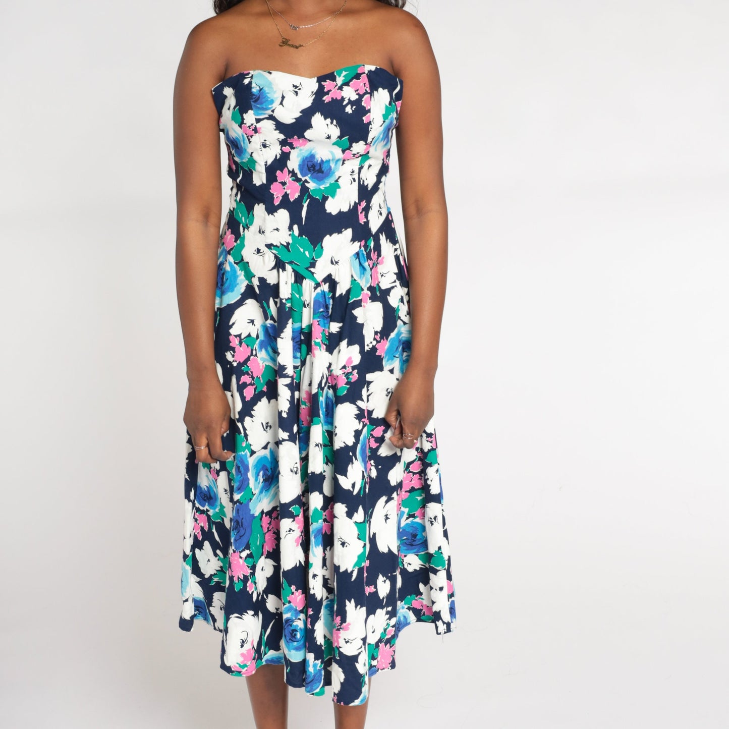 80s Floral Strapless Midi Dress Smocked Sweetheart Neckline Navy Rose Print Medium